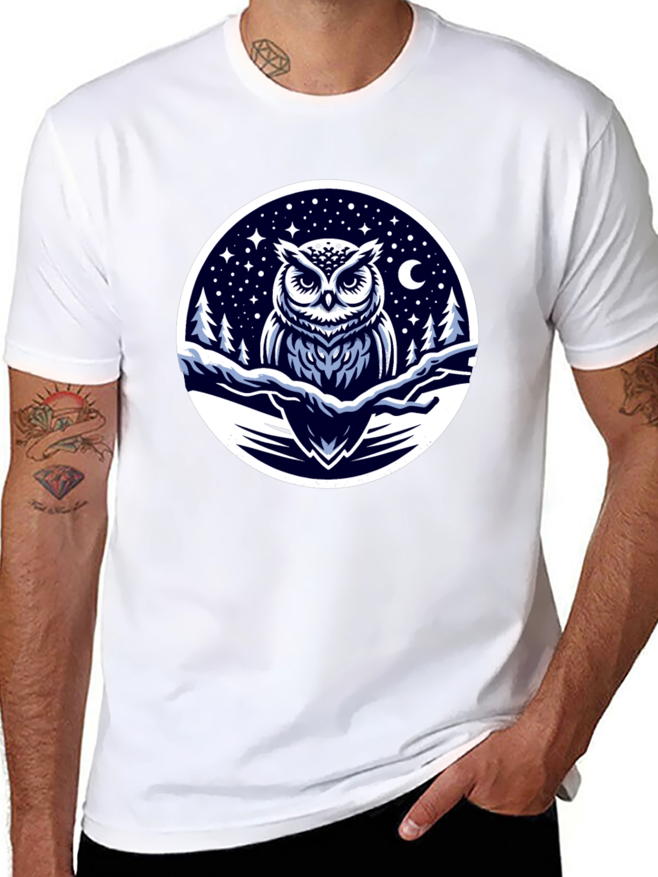 Owl Night Sky Graphic Tee - Black Cotton Blend