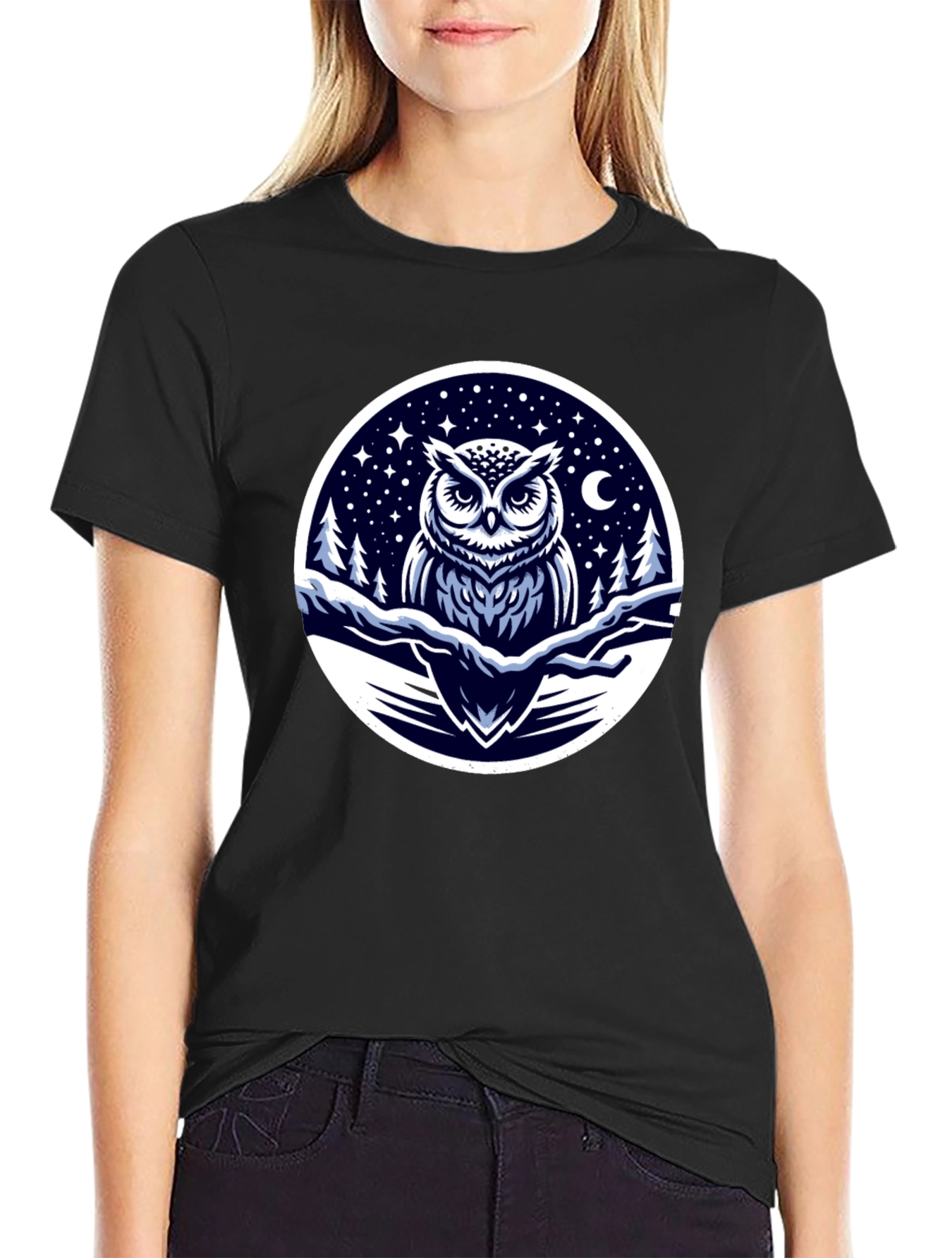Owl Night Sky Graphic Tee - Black Cotton Blend