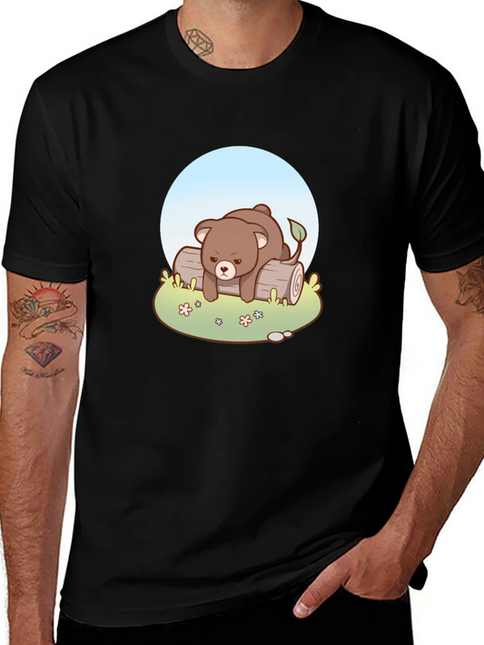 Cute Bear on Log Graphic Tee - Soft Black Cotton