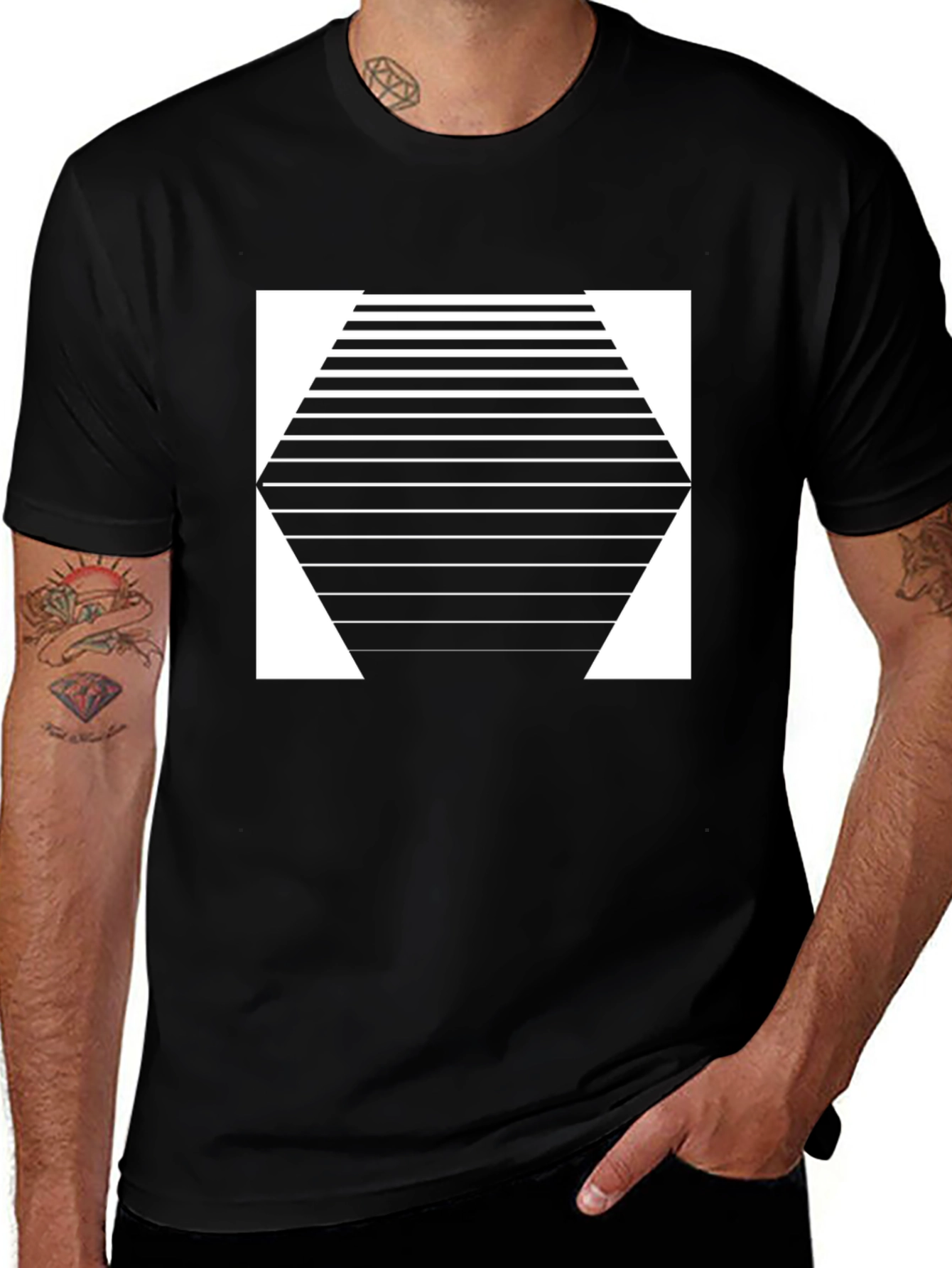 Geometric Hexagon Striped Graphic Tee - Modern Design