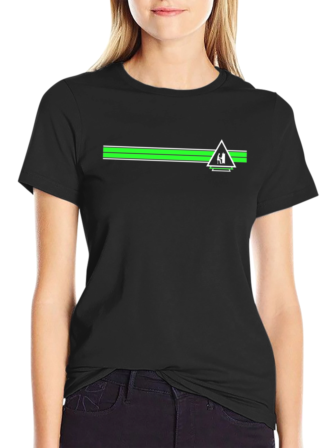 Black T-Shirt with Green Stripe and Triangle Design