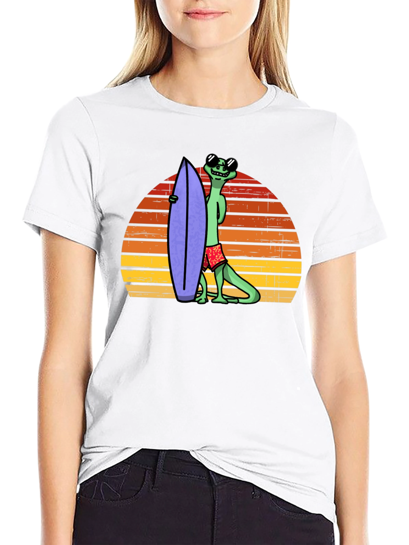 Cool Lizard Surfboard T-Shirt - Retro Sunset Graphic Tee