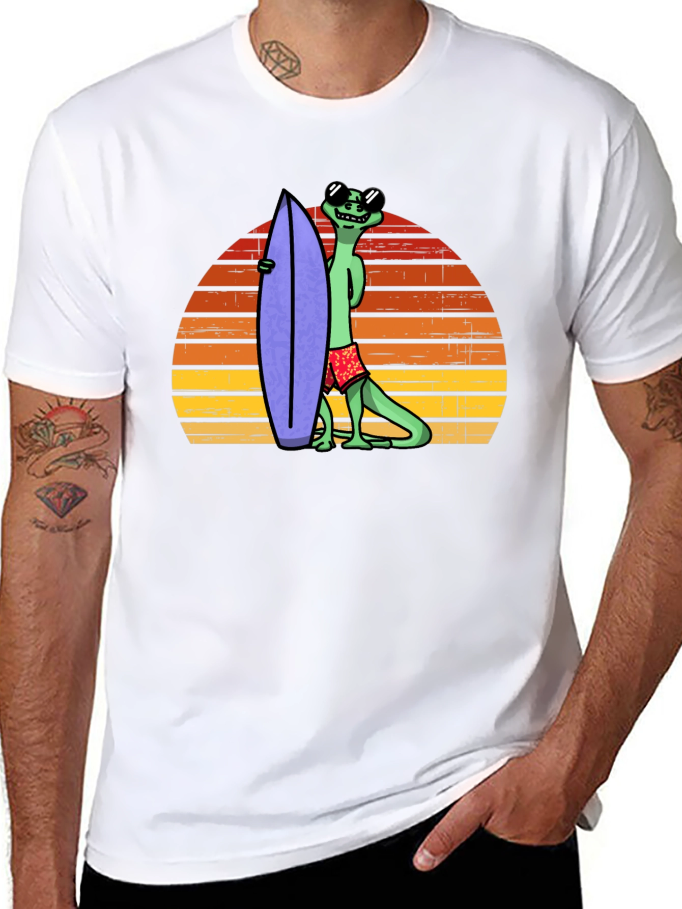 Cool Lizard Surfboard T-Shirt - Retro Sunset Graphic Tee