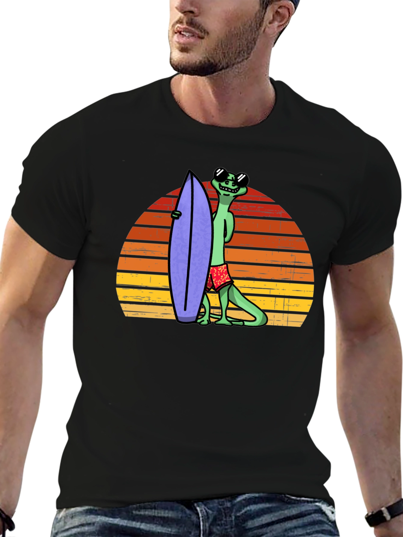 Cool Lizard Surfboard T-Shirt - Retro Sunset Graphic Tee