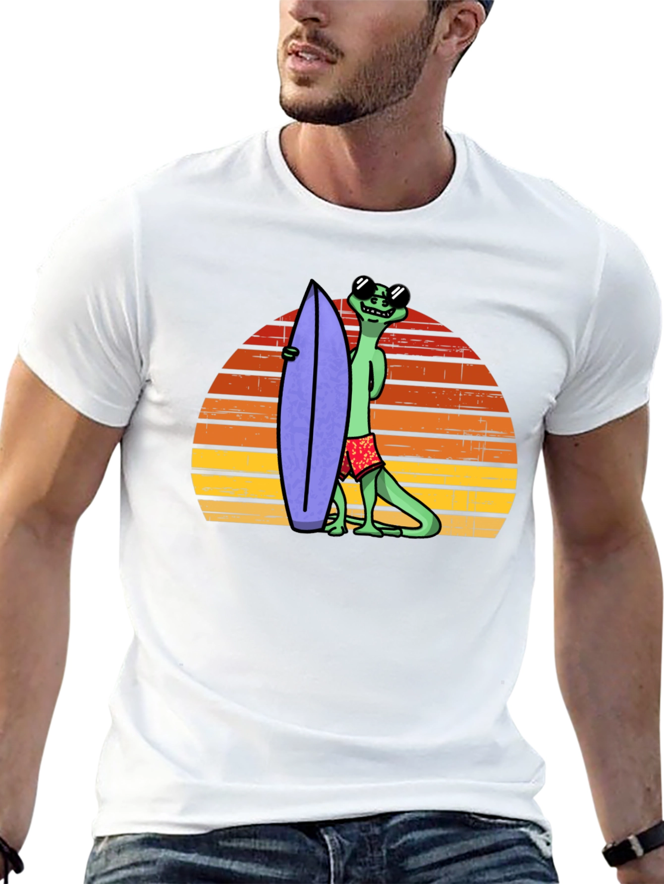 Cool Lizard Surfboard T-Shirt - Retro Sunset Graphic Tee