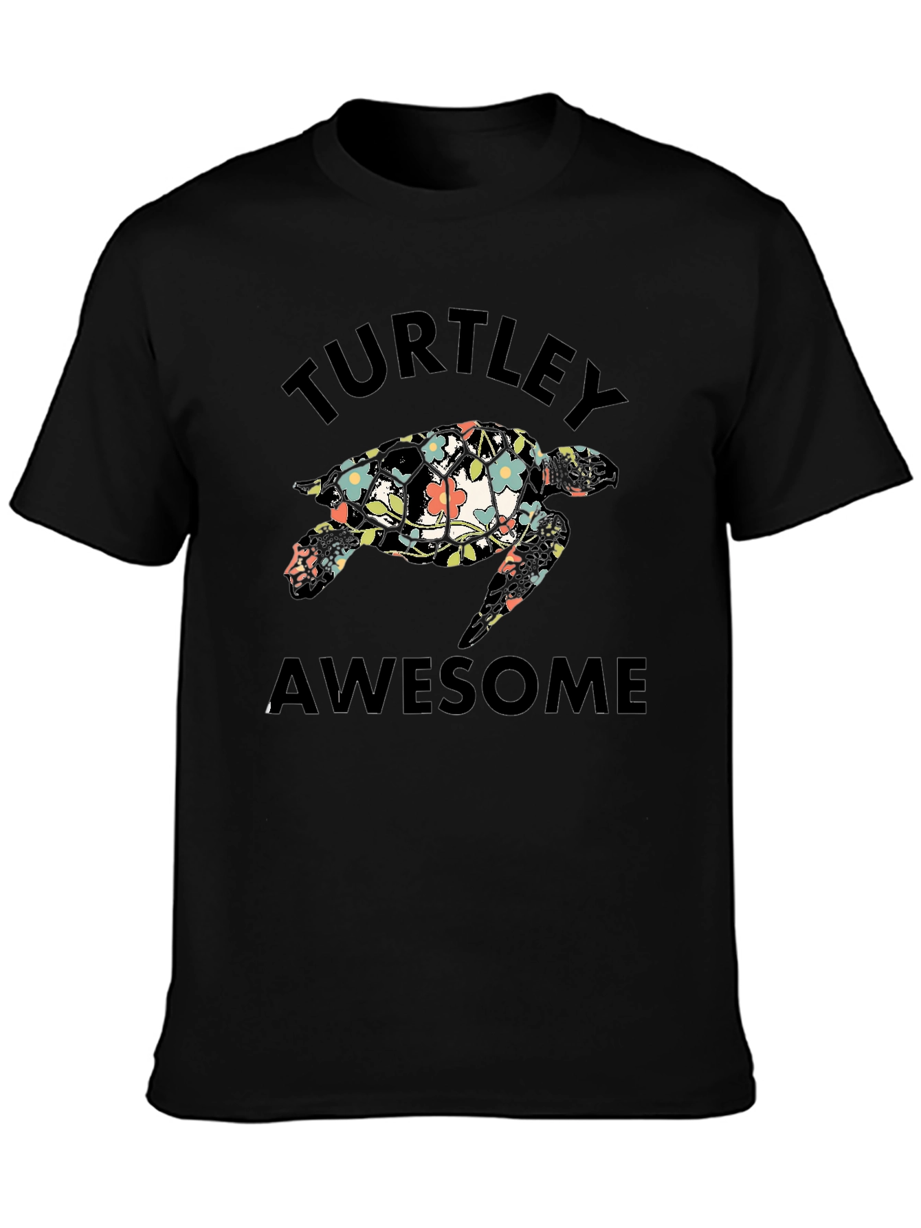 Turtley Awesome Floral Turtle Black T-Shirt