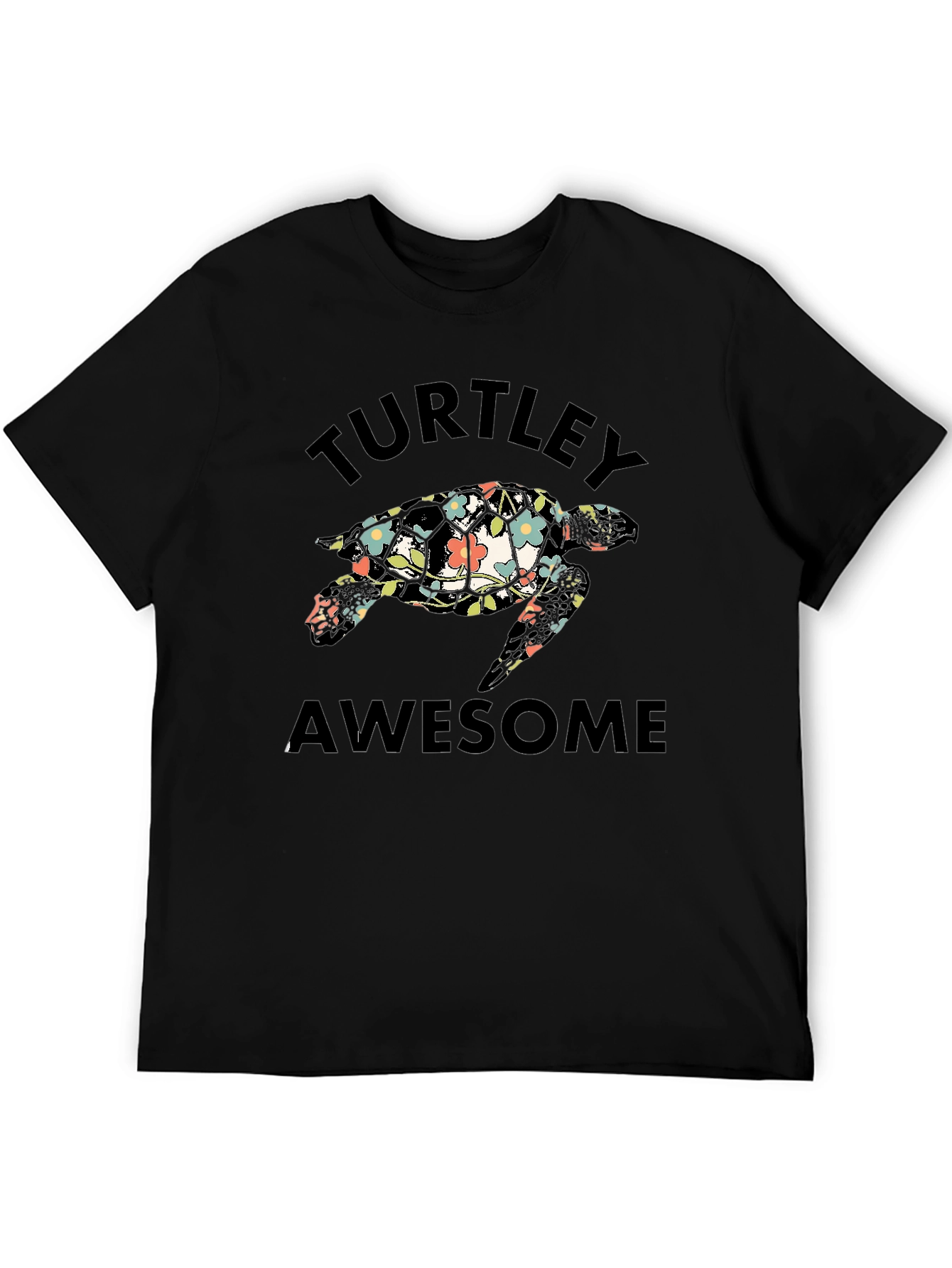 Turtley Awesome Floral Turtle Black T-Shirt