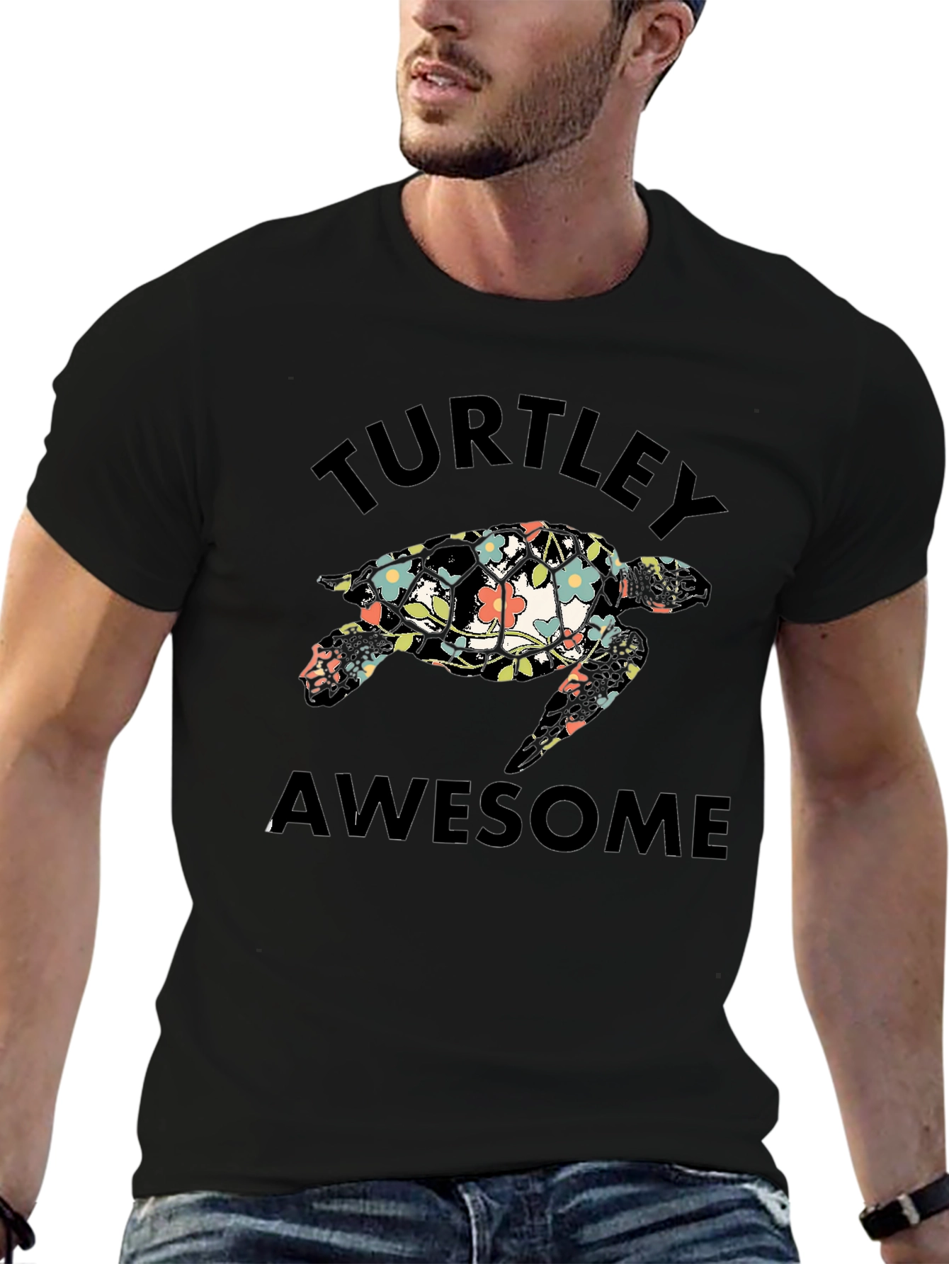 Turtley Awesome Floral Turtle Black T-Shirt