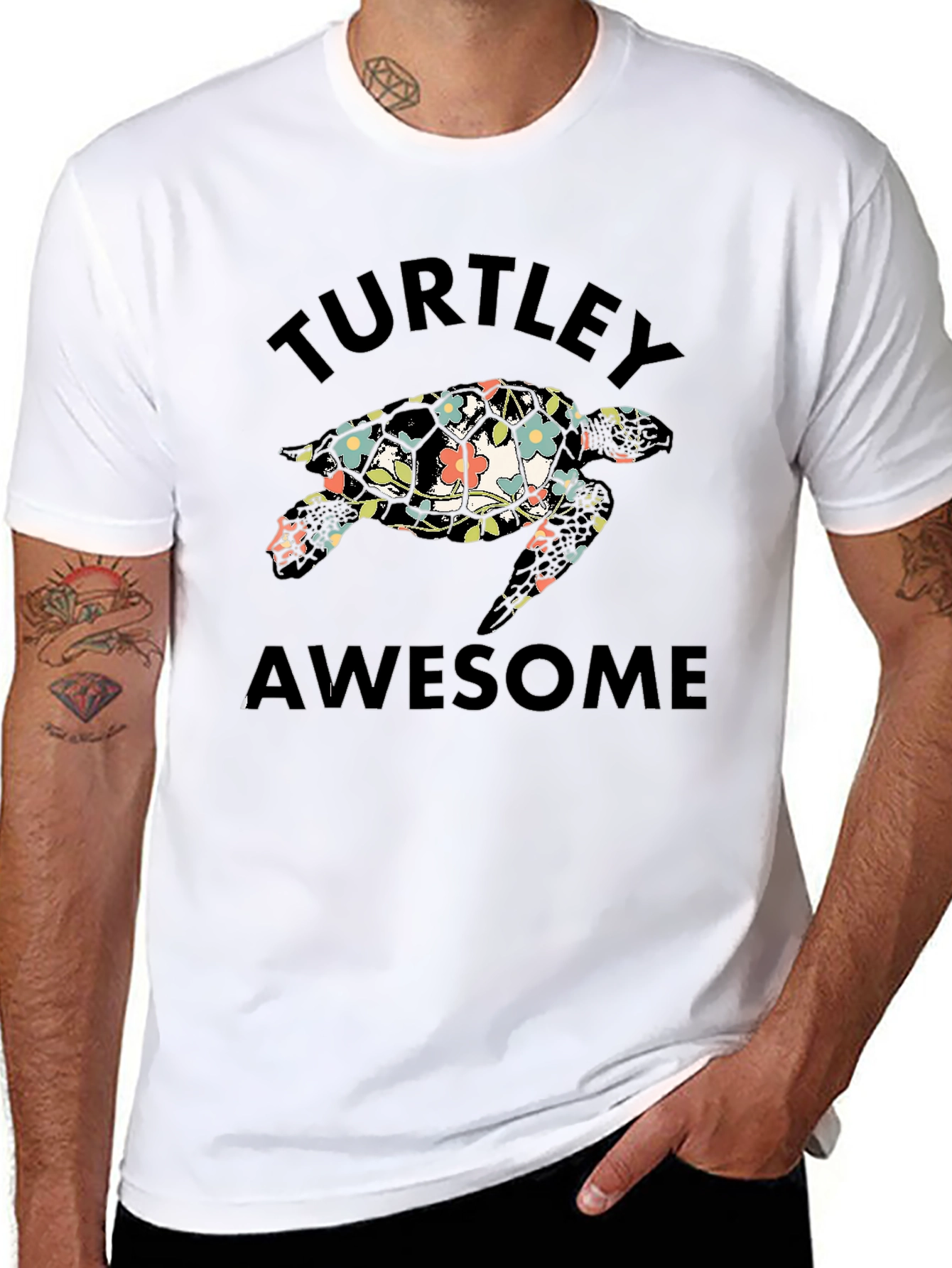 Turtley Awesome Floral Turtle Black T-Shirt
