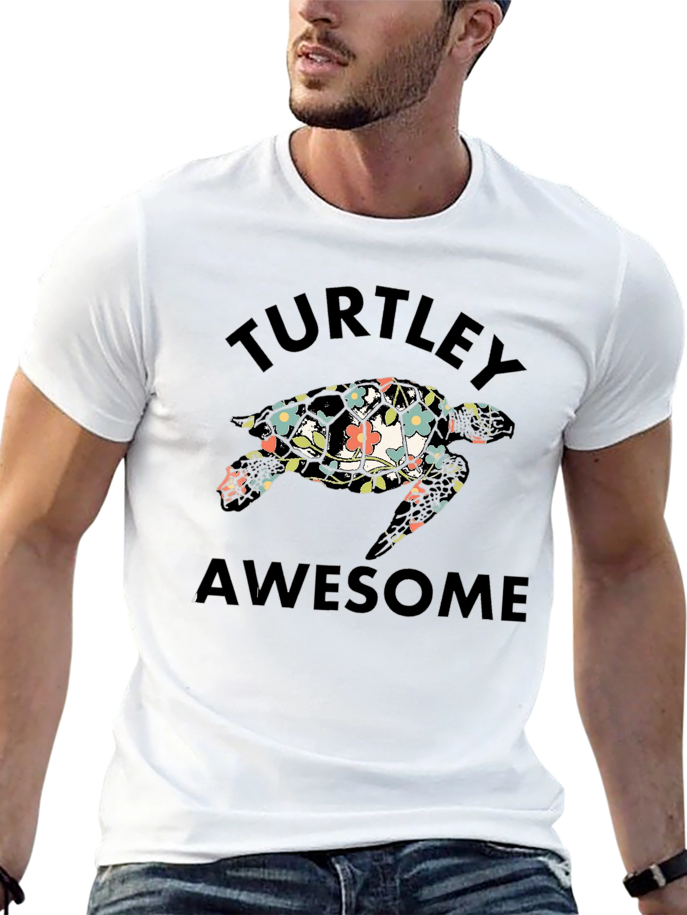 Turtley Awesome Floral Turtle Black T-Shirt