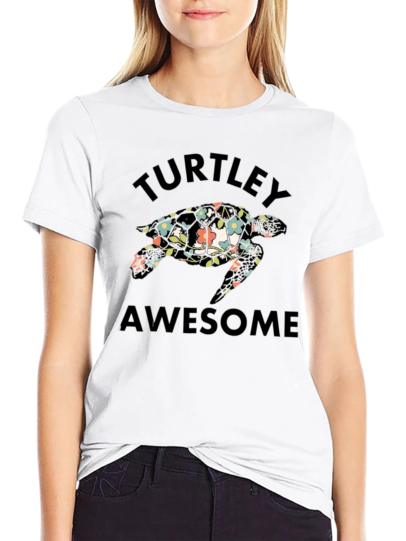 Turtley Awesome Floral Turtle Black T-Shirt