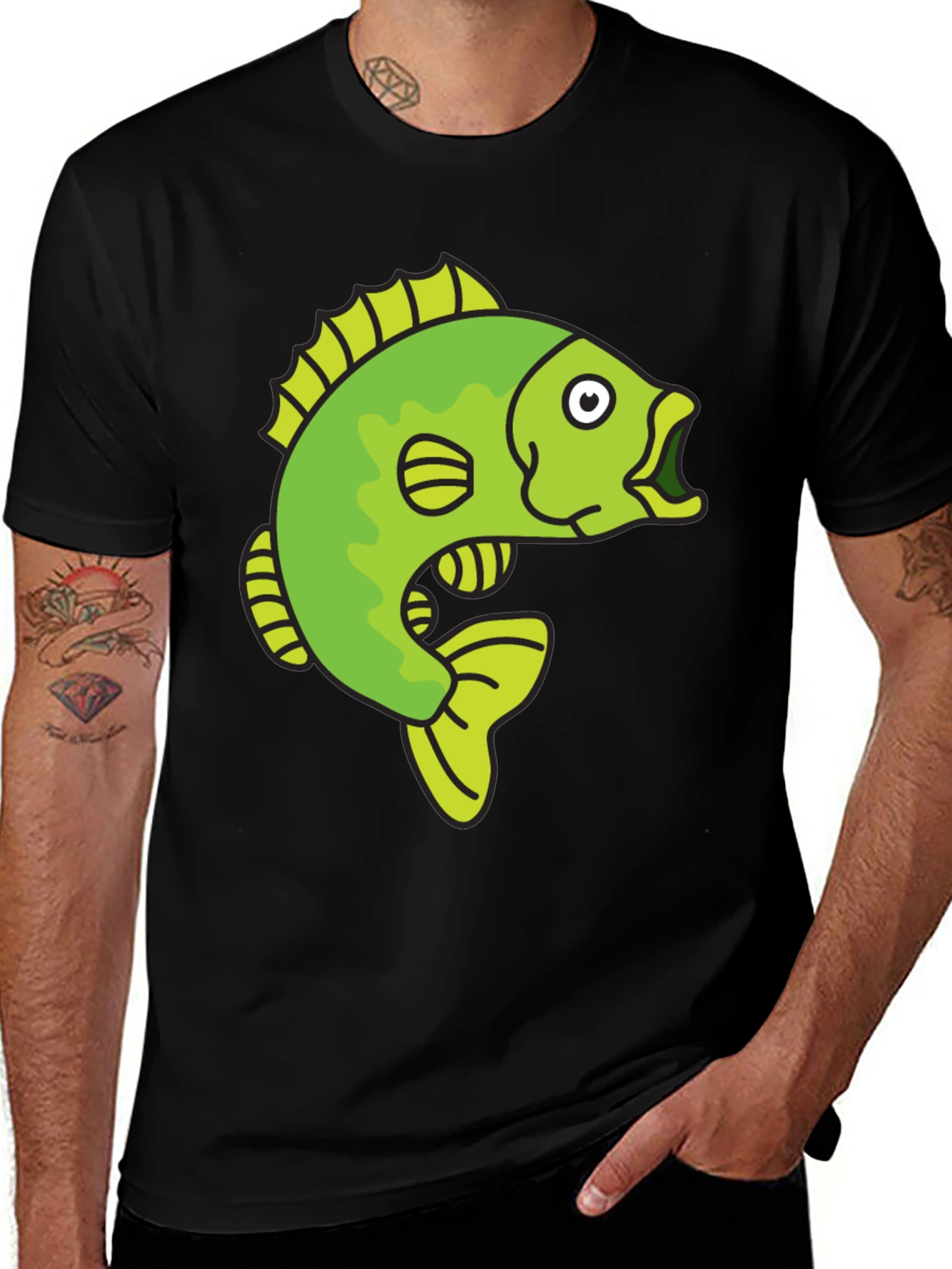 Funny Cartoon Fish Graphic Black T-Shirt