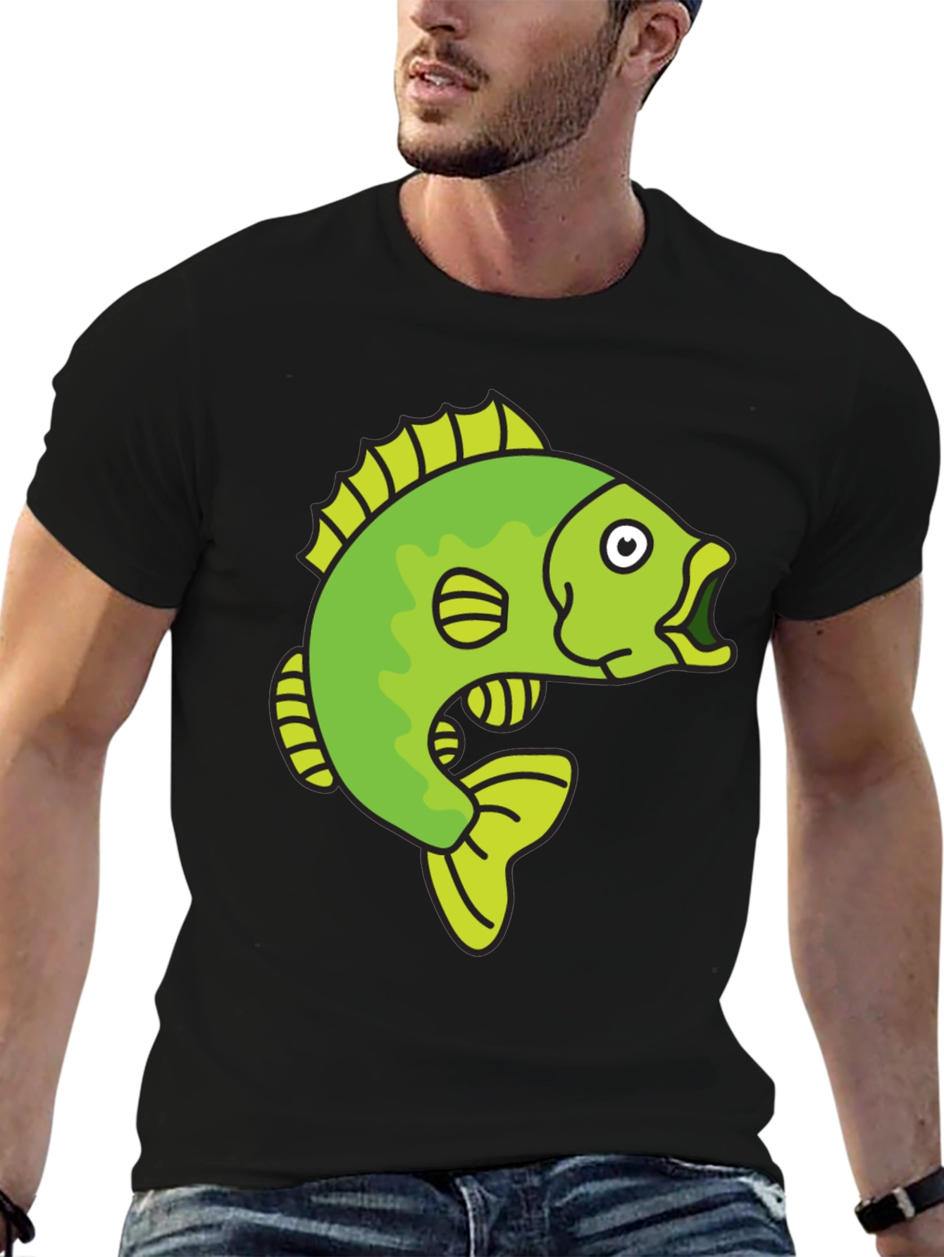 Funny Cartoon Fish Graphic Black T-Shirt
