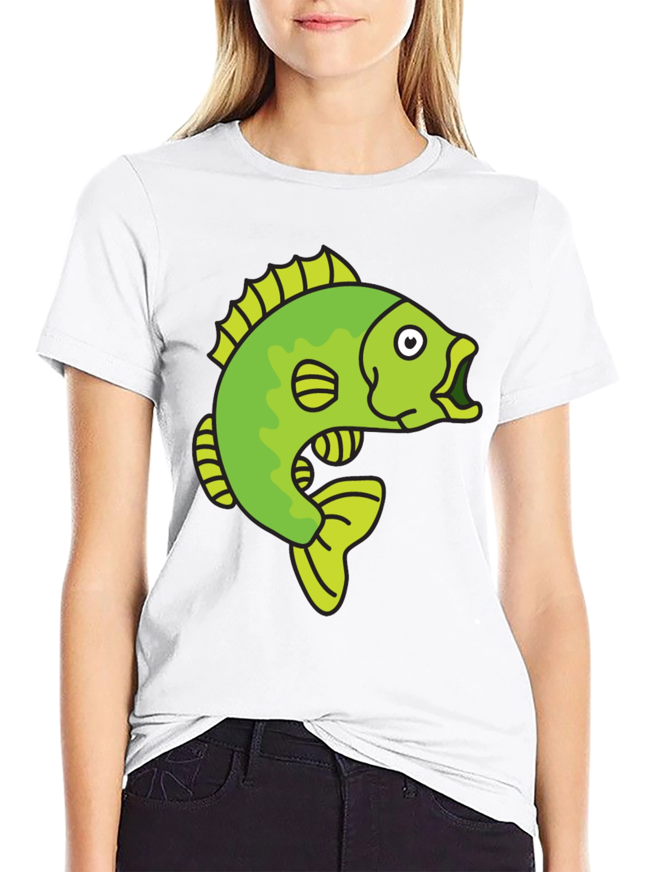 Funny Cartoon Fish Graphic Black T-Shirt