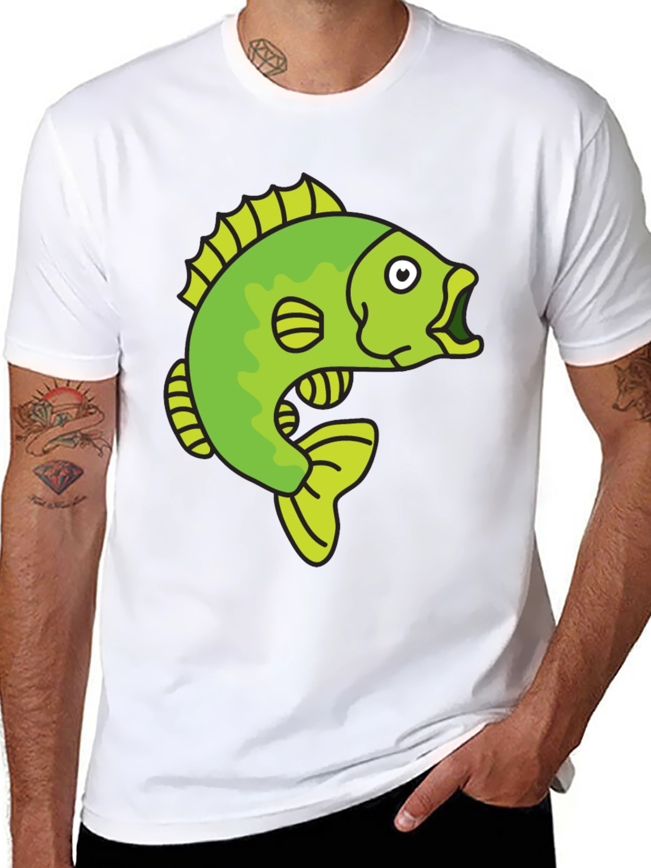 Funny Cartoon Fish Graphic Black T-Shirt