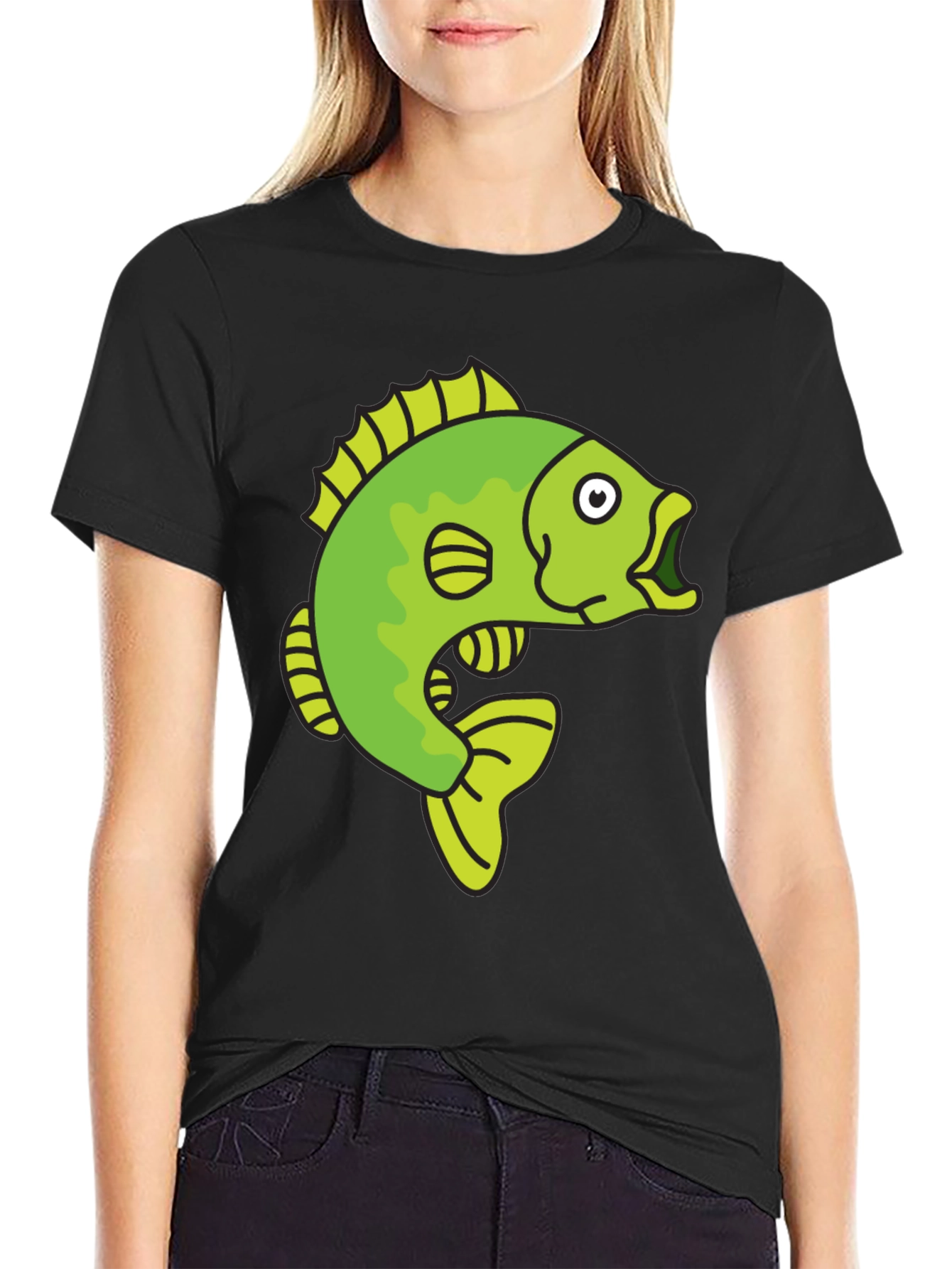 Funny Cartoon Fish Graphic Black T-Shirt