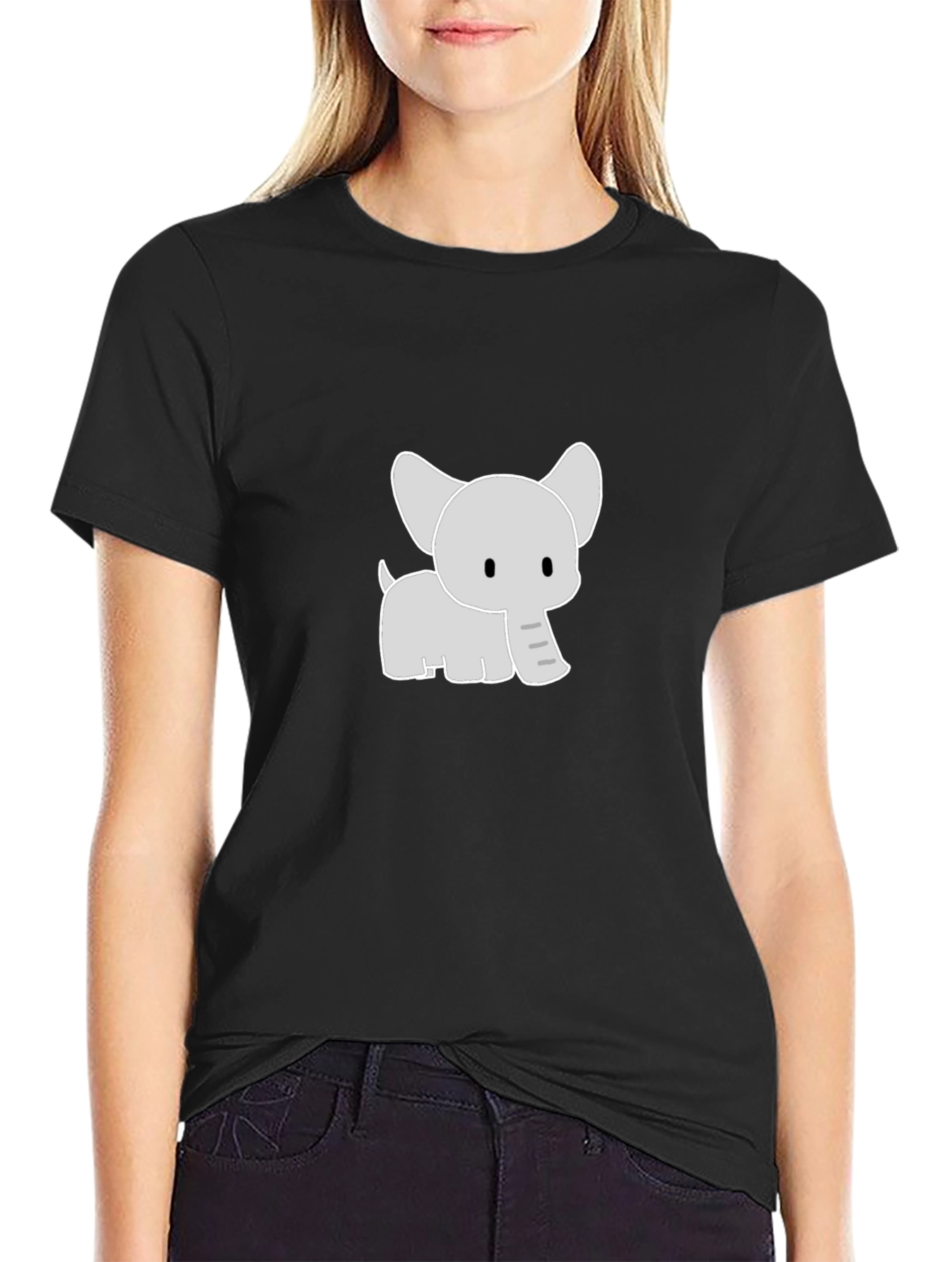 Cute Cartoon Elephant Graphic Tee - Black