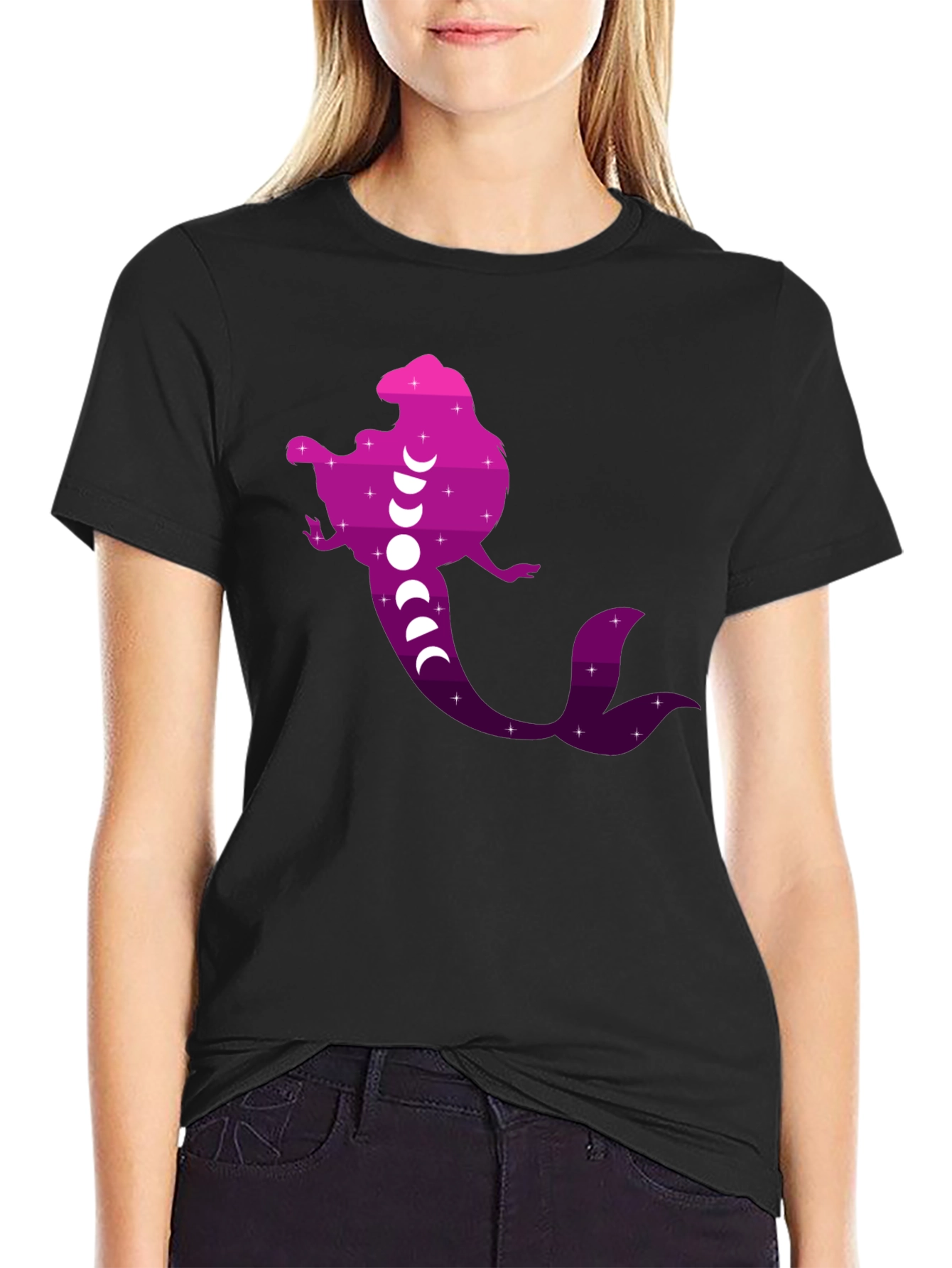 Mermaid Phases Graphic Tee - Black Cotton Casual Shirt