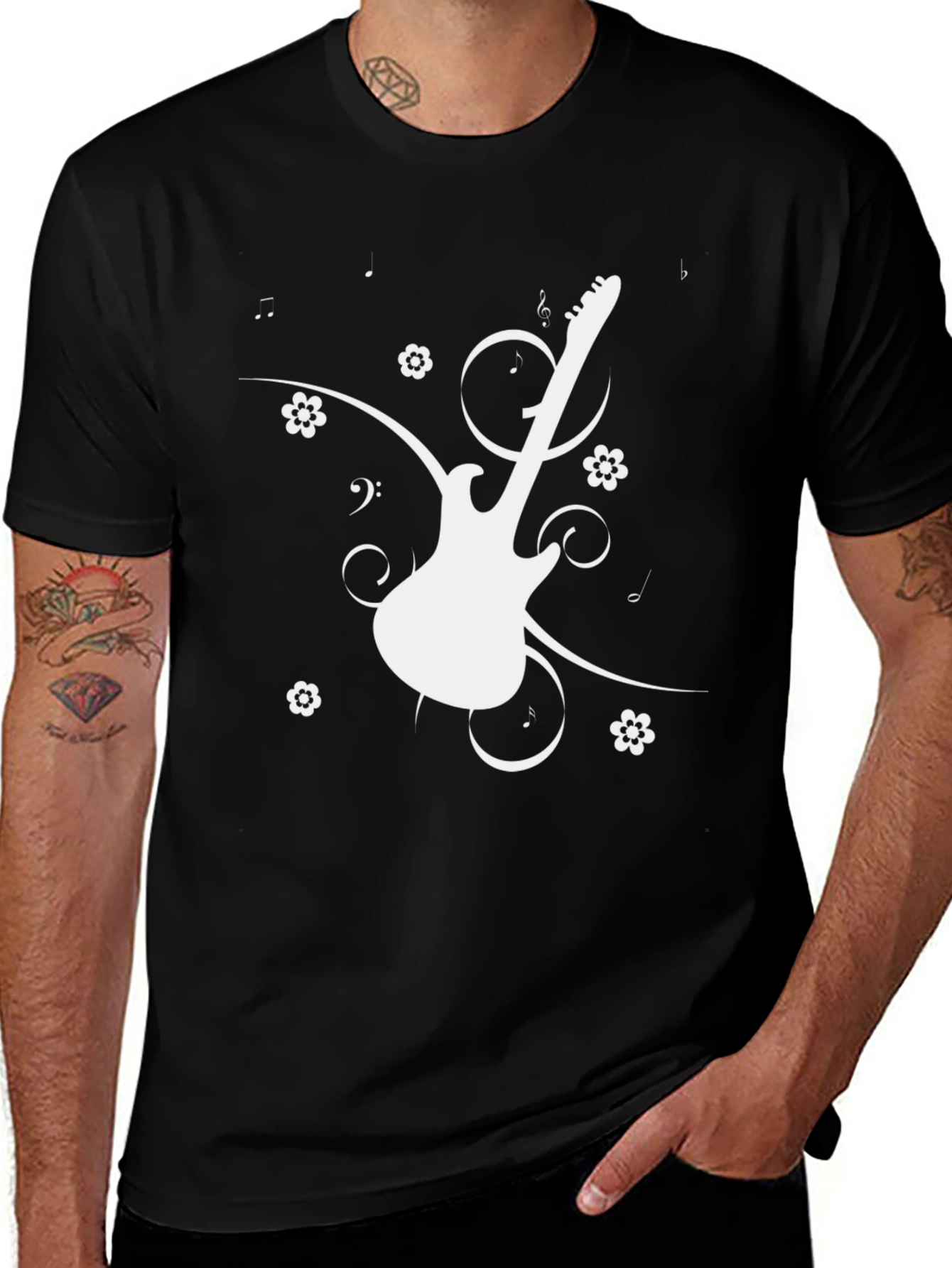Guitar Graphic Tee - Black Cotton Casual T-Shirt