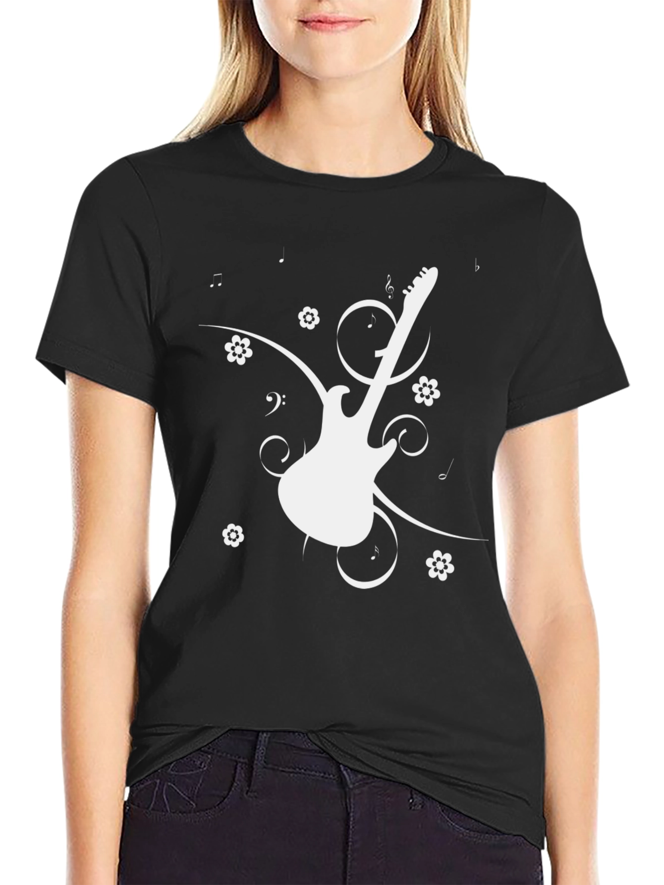 Guitar Graphic Tee - Black Cotton Casual T-Shirt