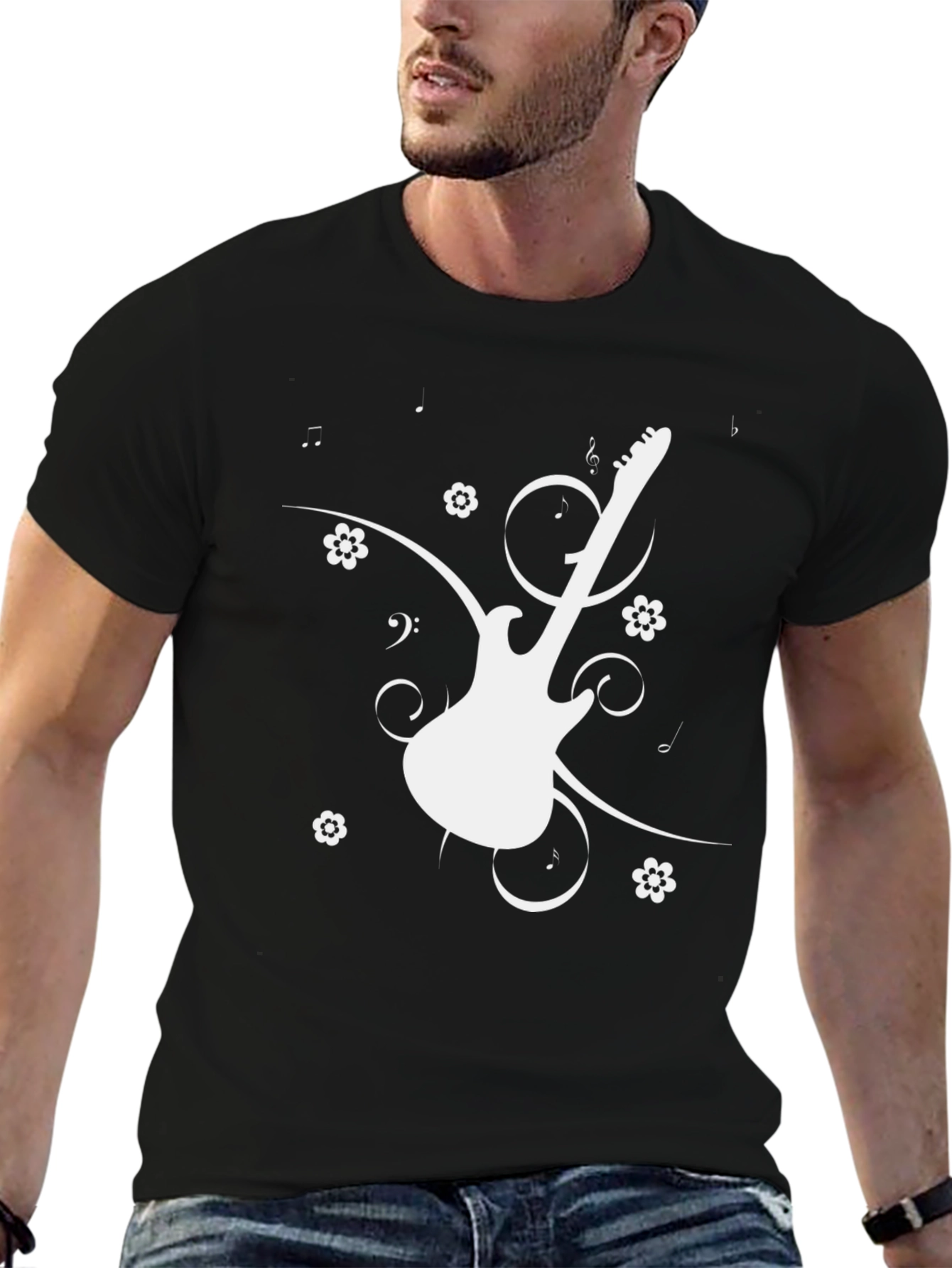Guitar Graphic Tee - Black Cotton Casual T-Shirt