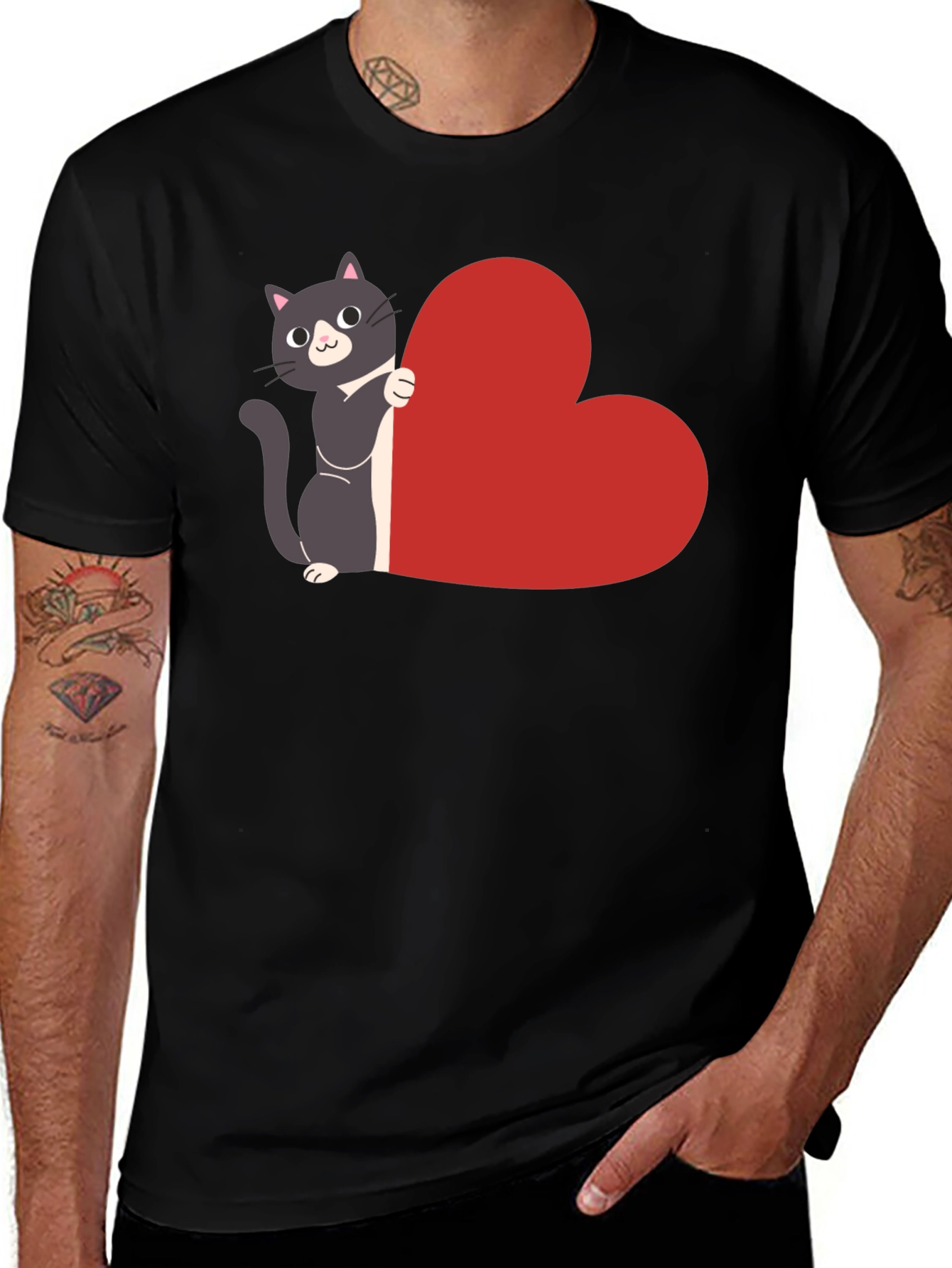 Cat with Heart T-Shirt - Black Cotton Tee