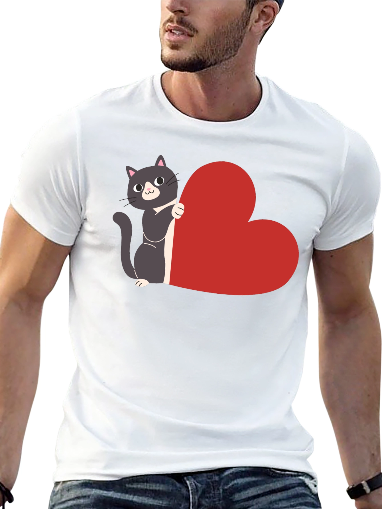 Cat with Heart T-Shirt - Black Cotton Tee