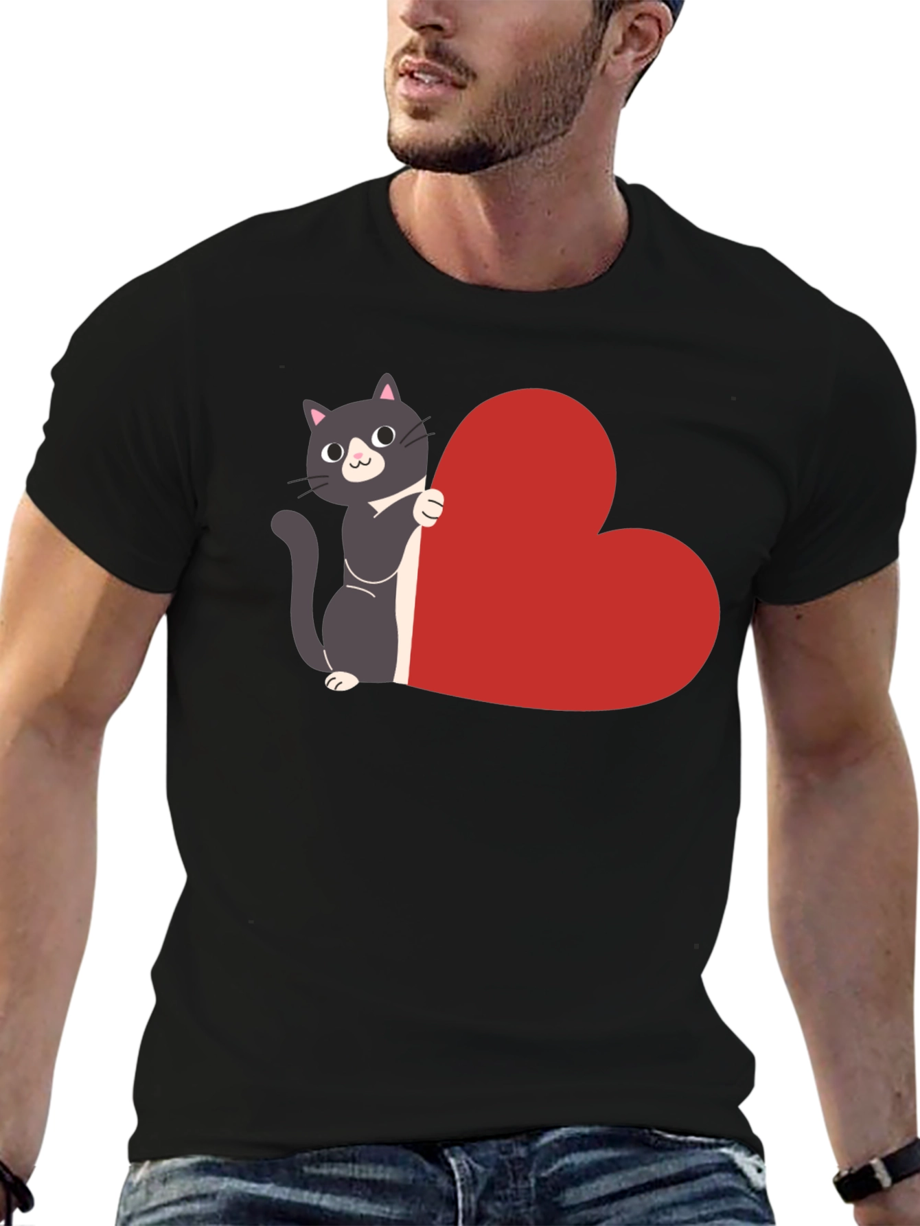 Cat with Heart T-Shirt - Black Cotton Tee