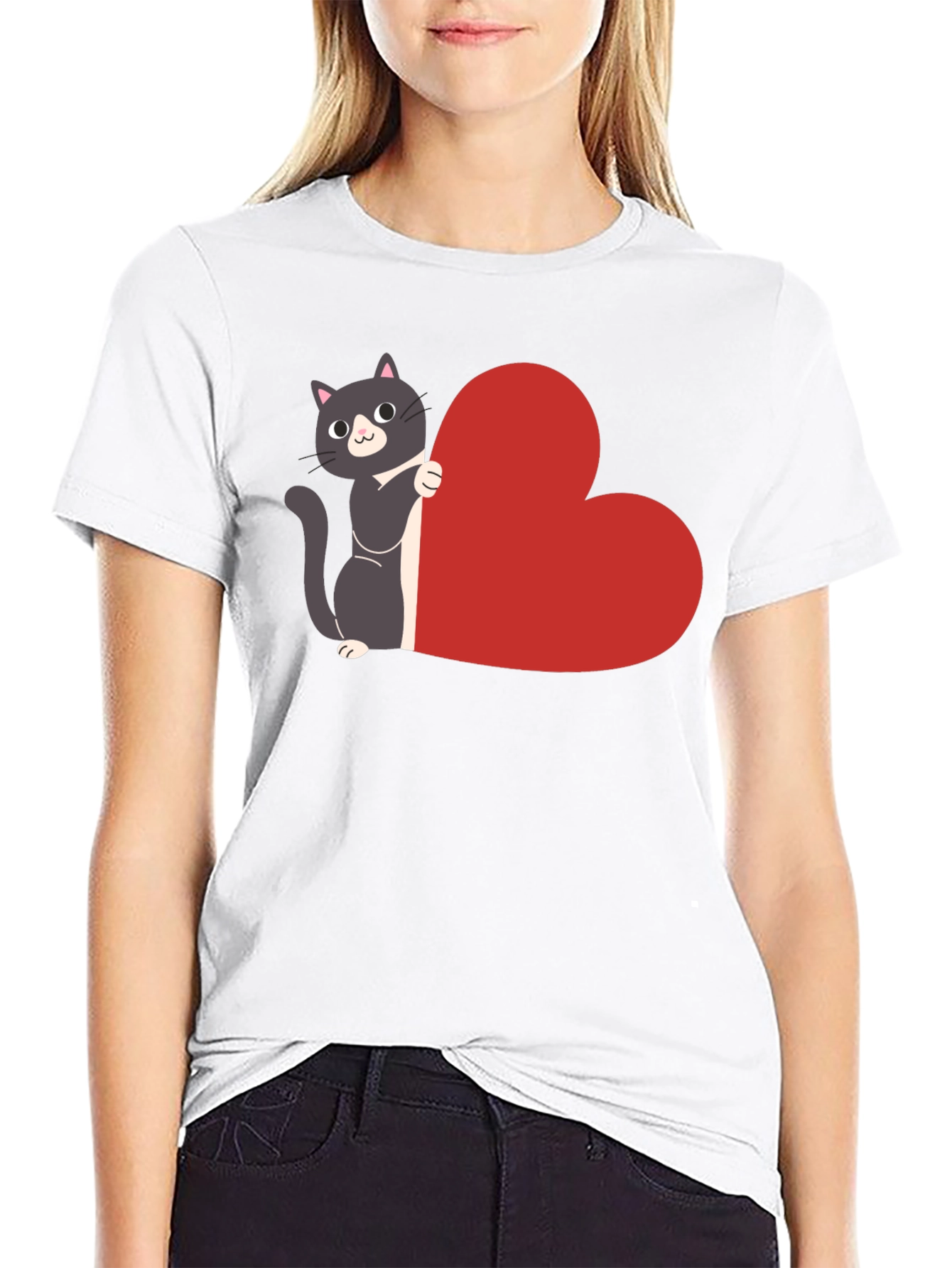 Cat with Heart T-Shirt - Black Cotton Tee