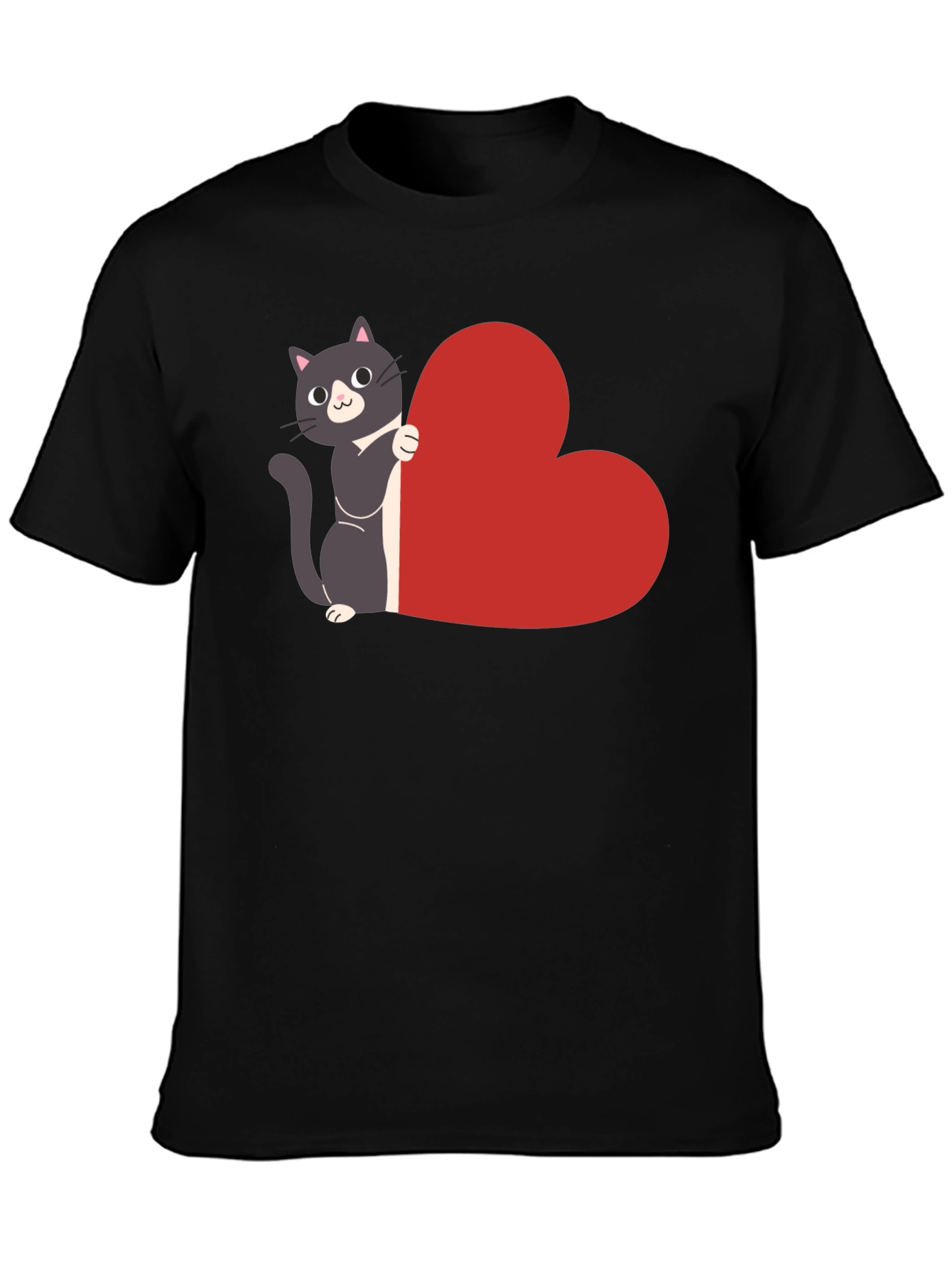 Cat with Heart T-Shirt - Black Cotton Tee