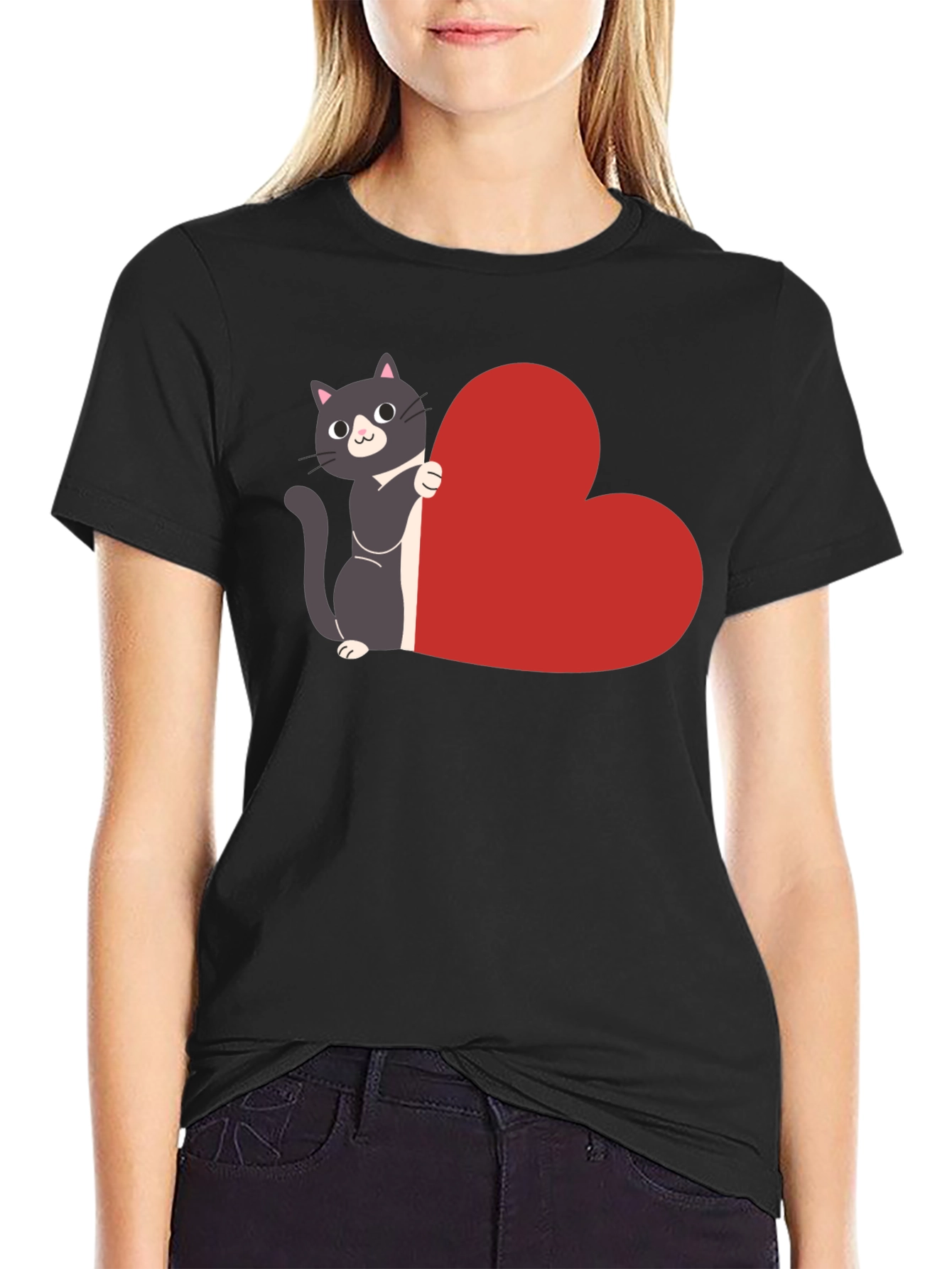 Cat with Heart T-Shirt - Black Cotton Tee