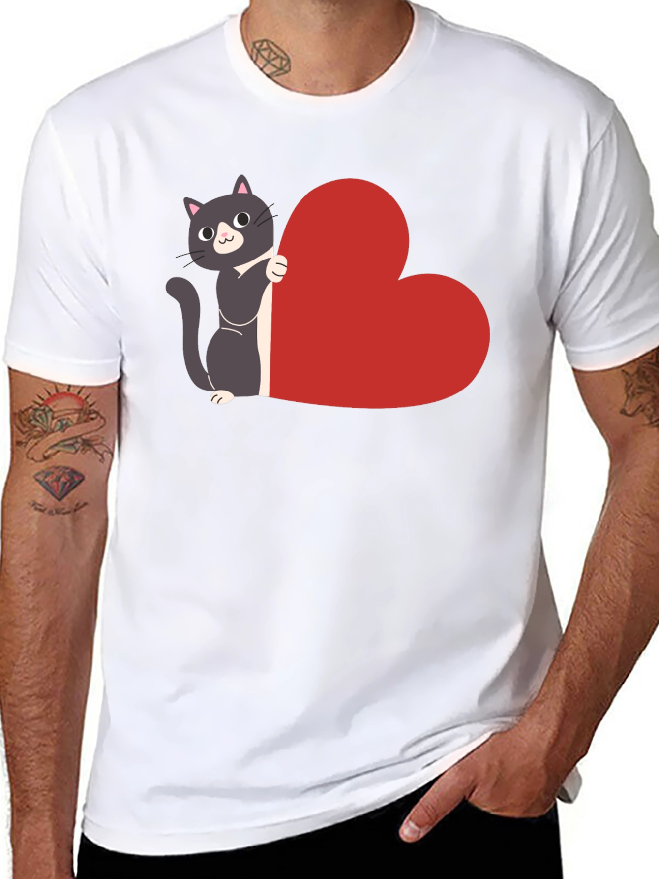 Cat with Heart T-Shirt - Black Cotton Tee