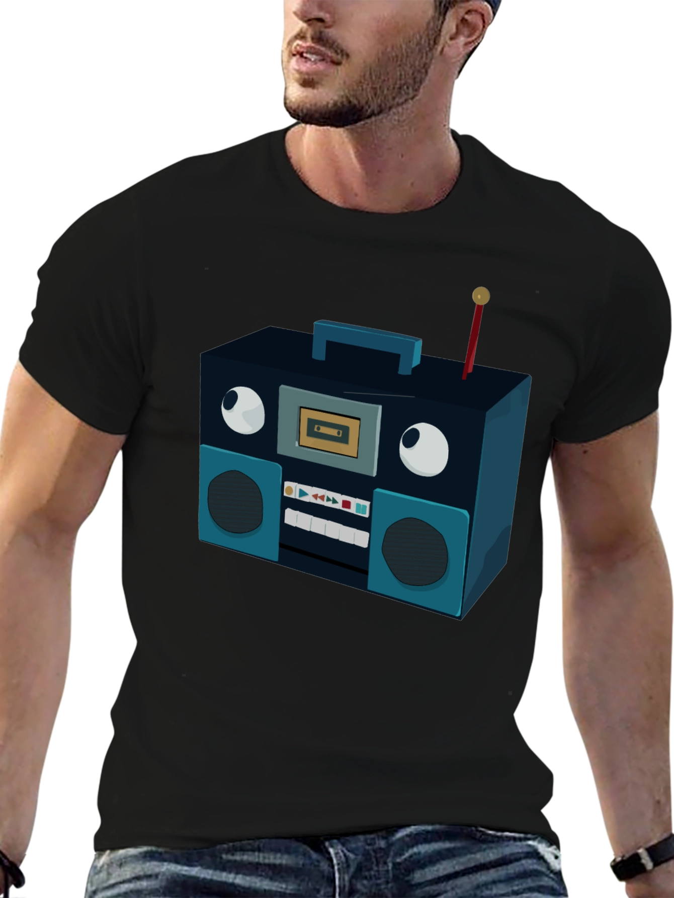 Retro Radio Graphic Tee - Black Cotton Blend