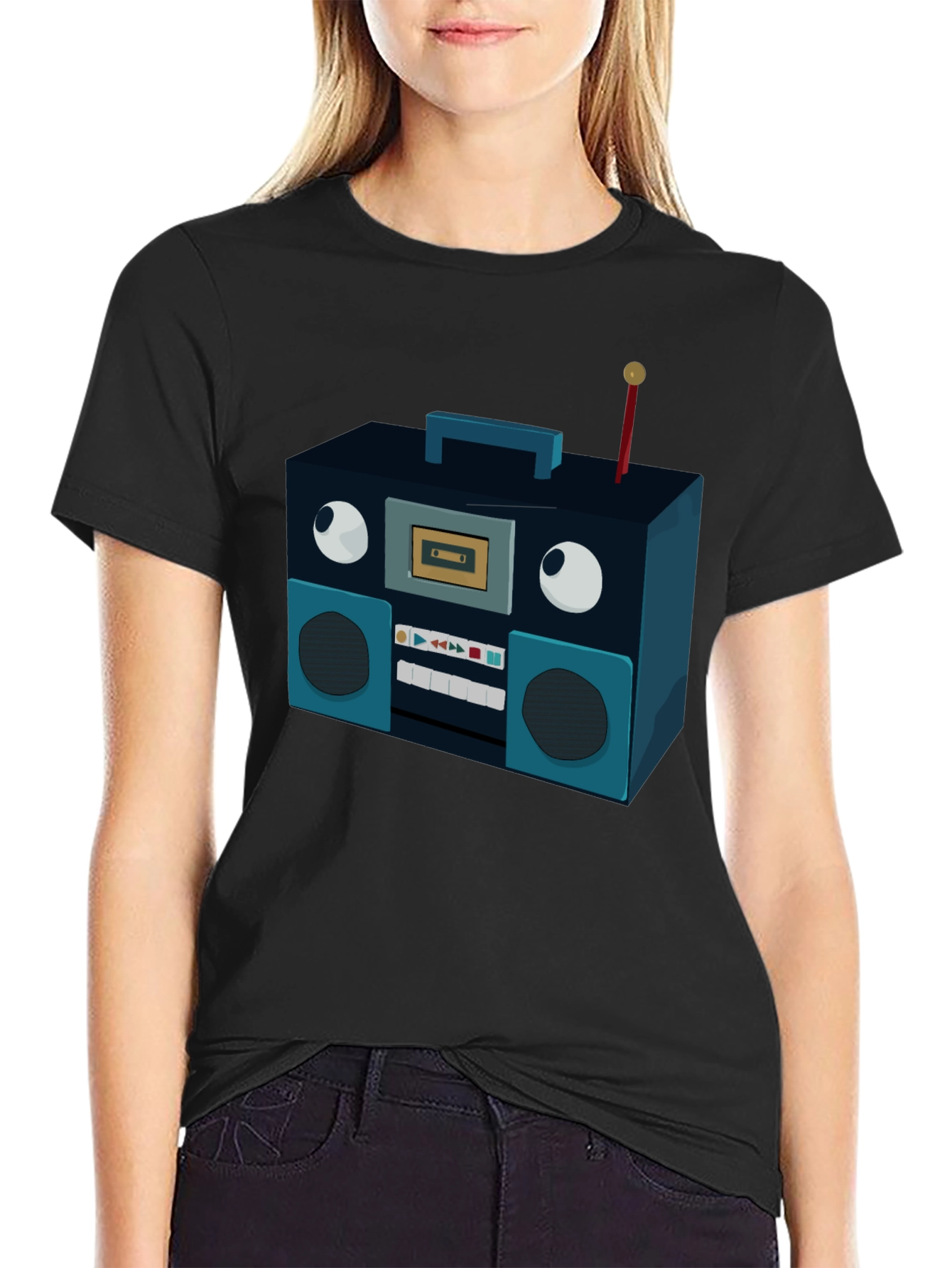 Retro Radio Graphic Tee - Black Cotton Blend