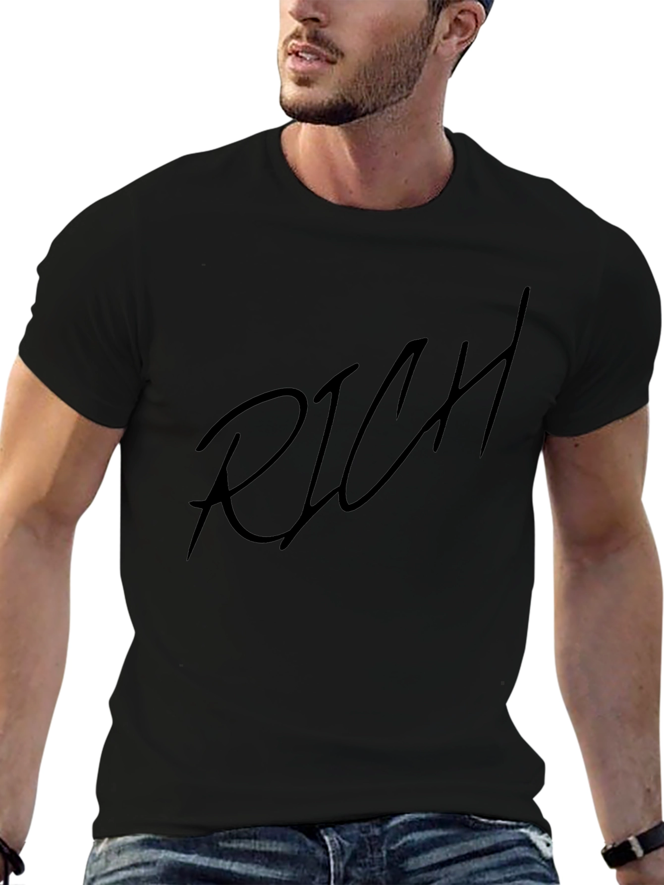 Mens Black RICH Graphic Tee - Casual Style