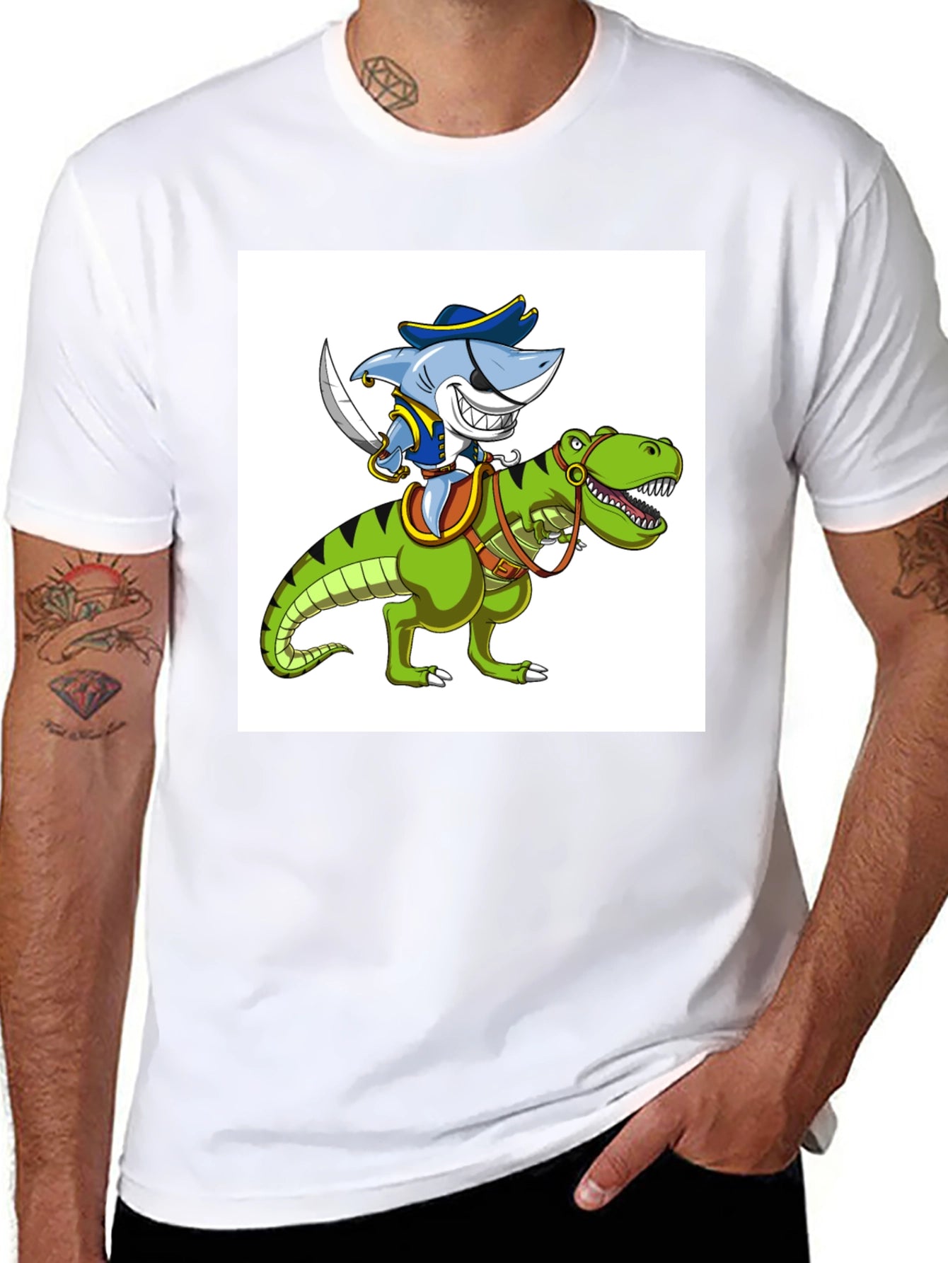 Shark Pirate Riding Dinosaur Graphic T-Shirt