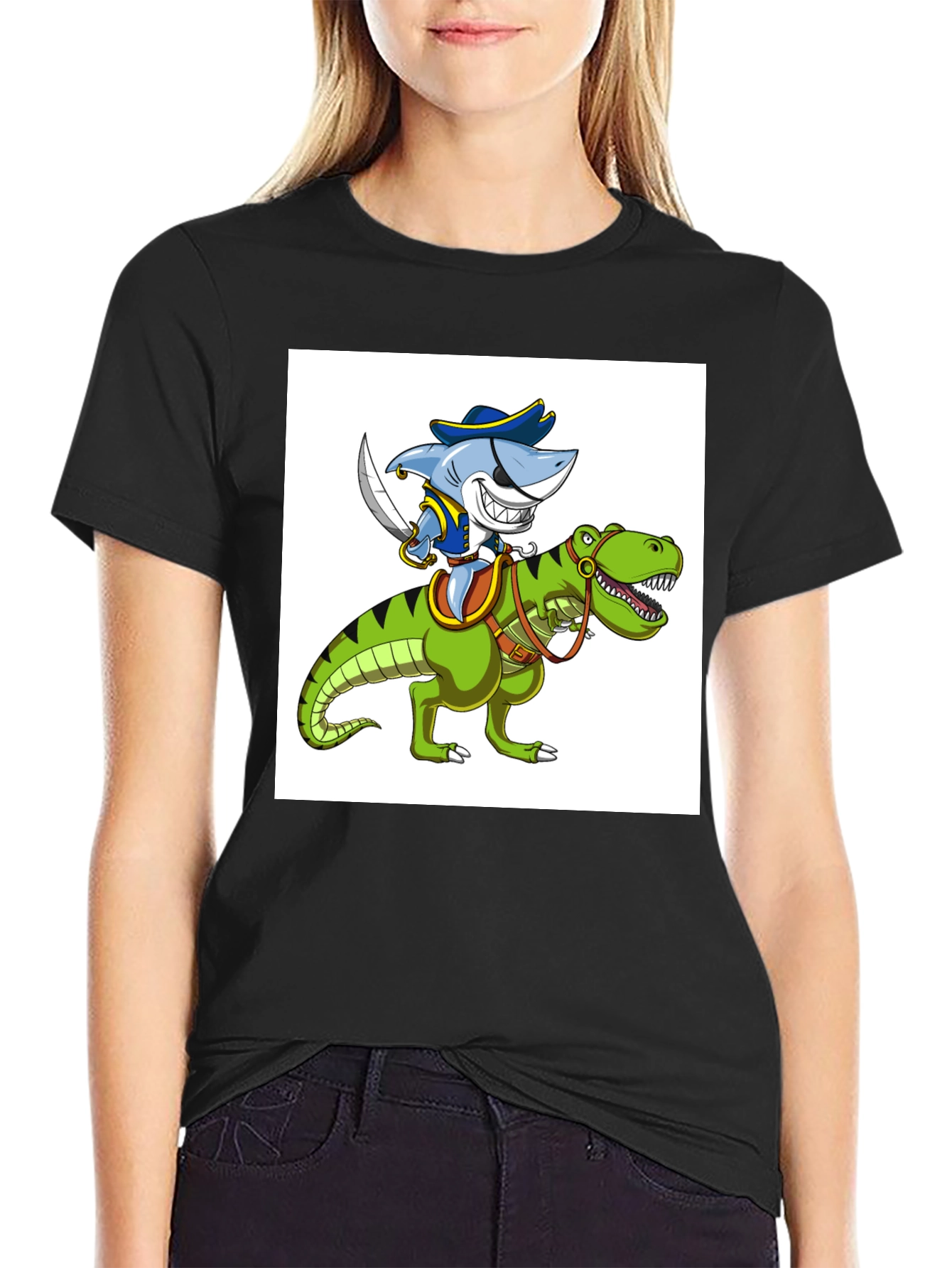 Shark Pirate Riding Dinosaur Graphic T-Shirt
