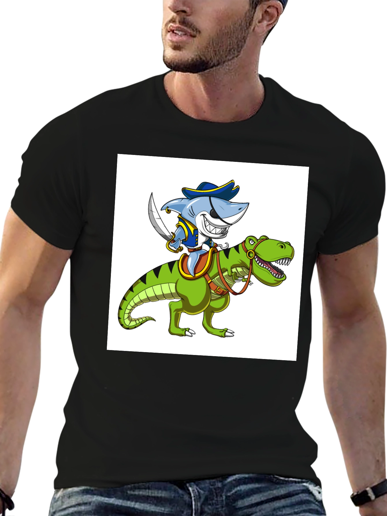 Shark Pirate Riding Dinosaur Graphic T-Shirt
