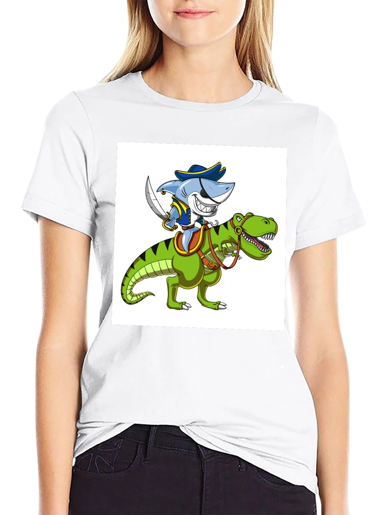 Shark Pirate Riding Dinosaur Graphic T-Shirt