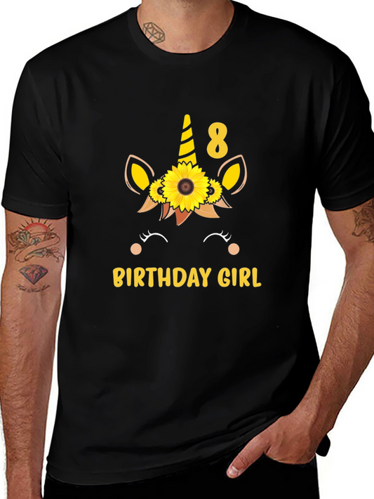 Birthday Girl 8th Sunflower Unicorn Black T-Shirt