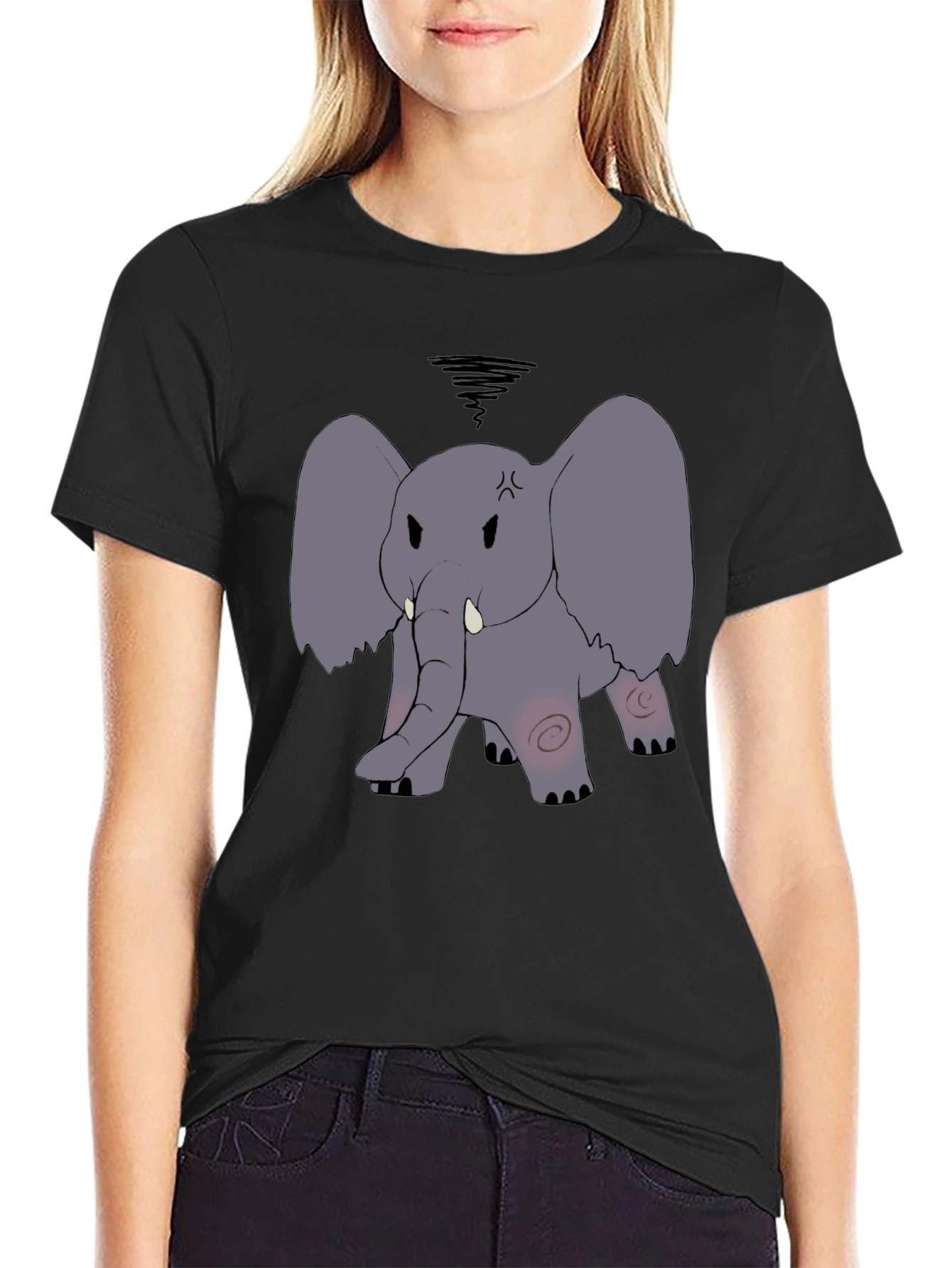 Angry Elephant Cartoon Black T-Shirt