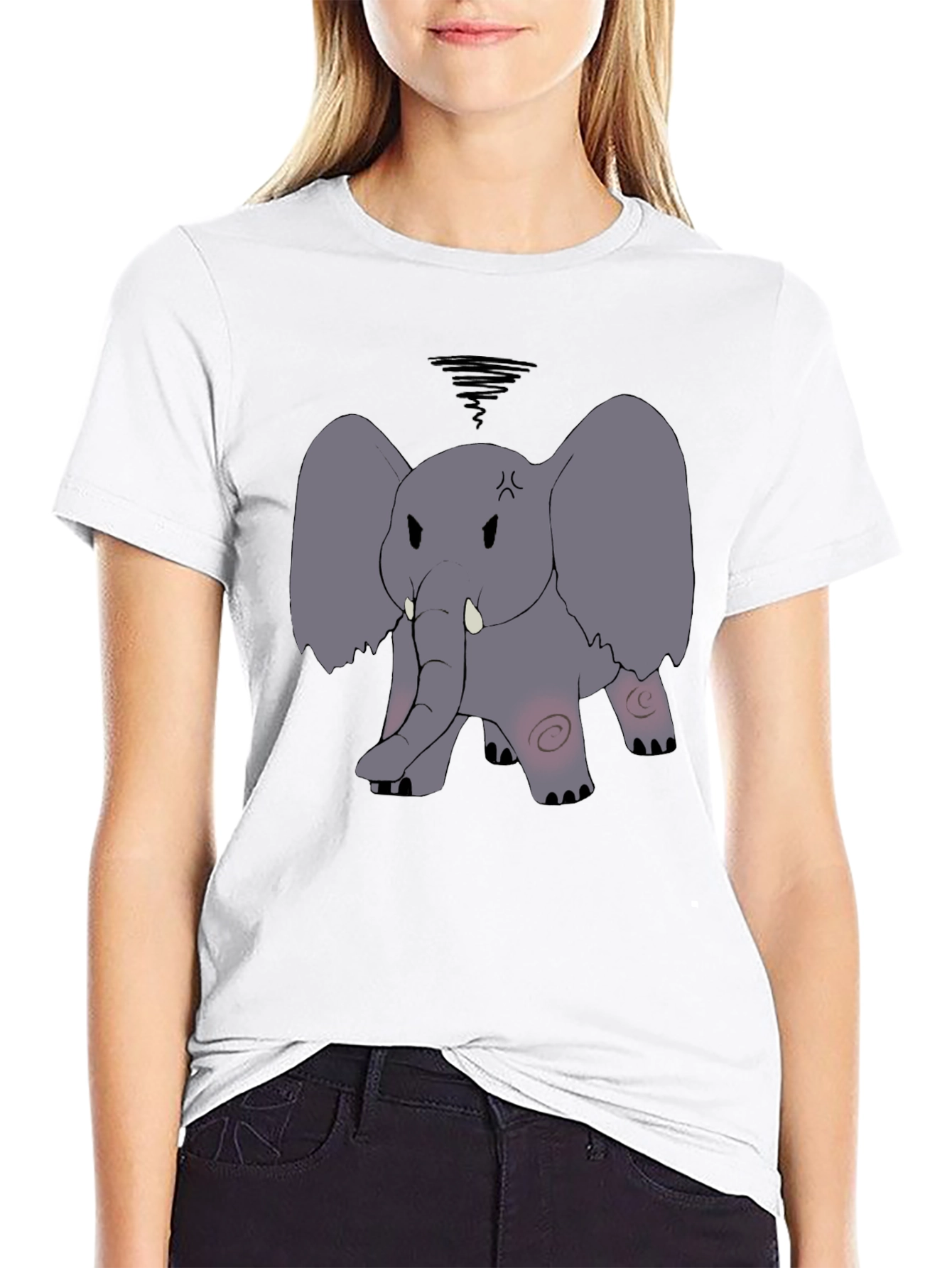 Angry Elephant Cartoon Black T-Shirt