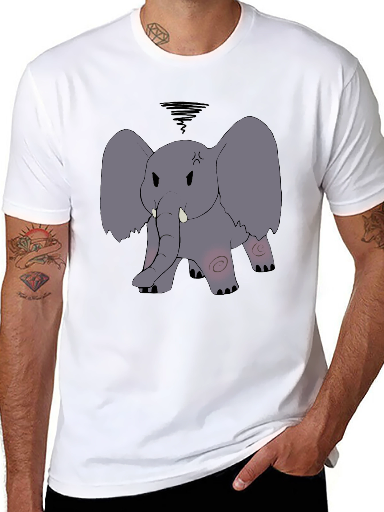 Angry Elephant Cartoon Black T-Shirt