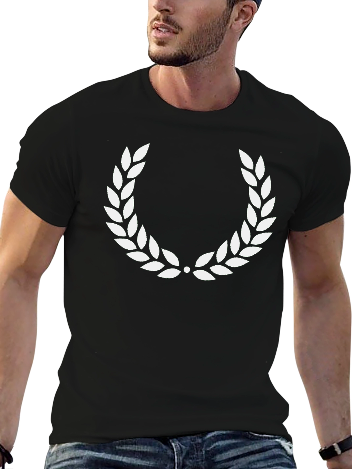 Black T-Shirt with White Laurel Wreath Design