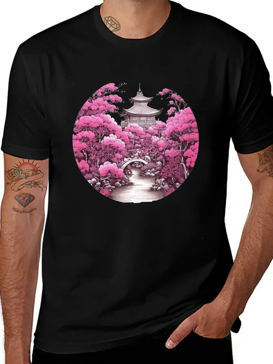 Asian Cultured Building With Blossom Tree Unisex Casual T-Shirt – Clean Design For Daily Comfort
