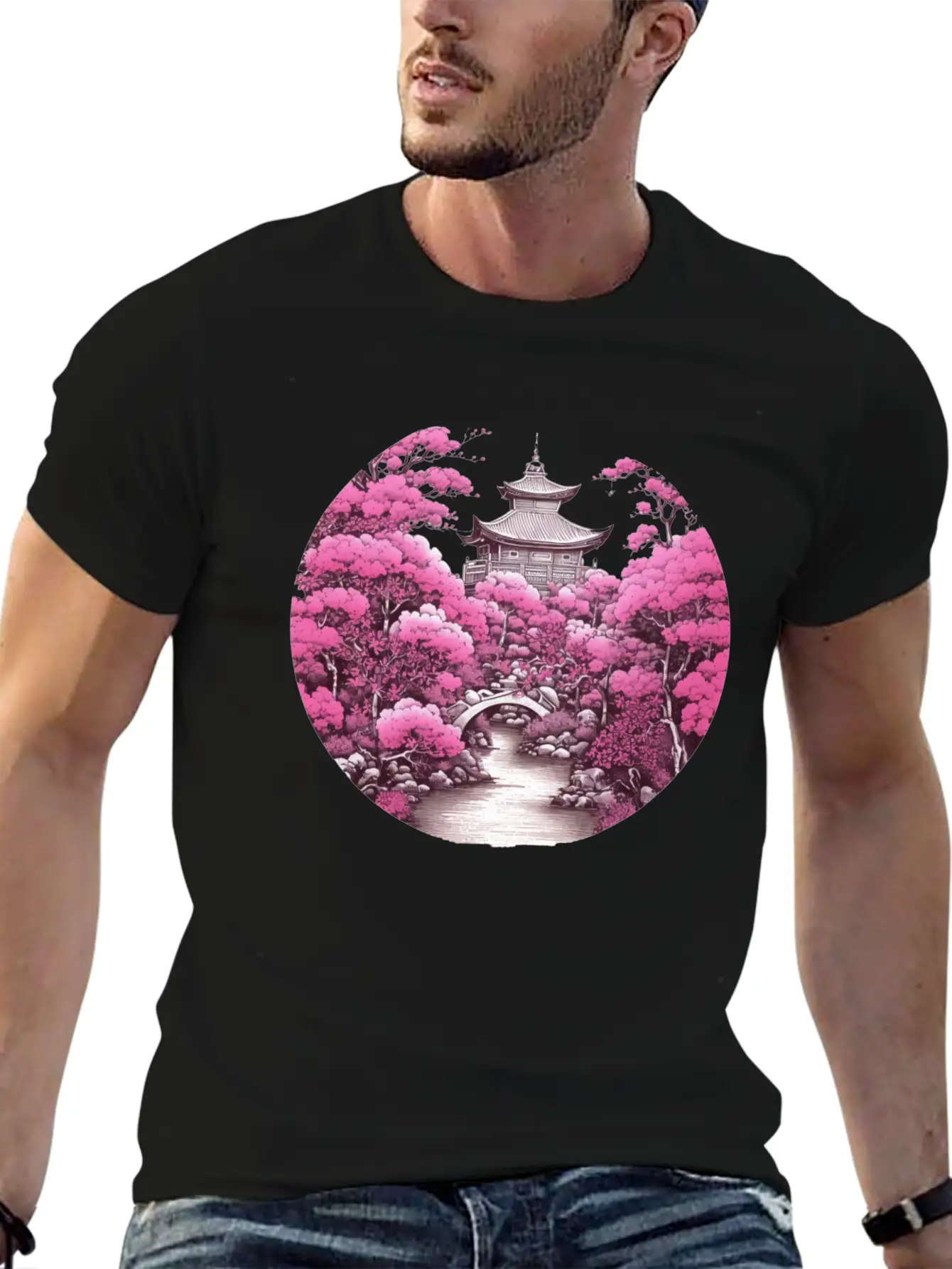 Asian Cultured Building With Blossom Tree Unisex Casual T-Shirt – Clean Design For Daily Comfort