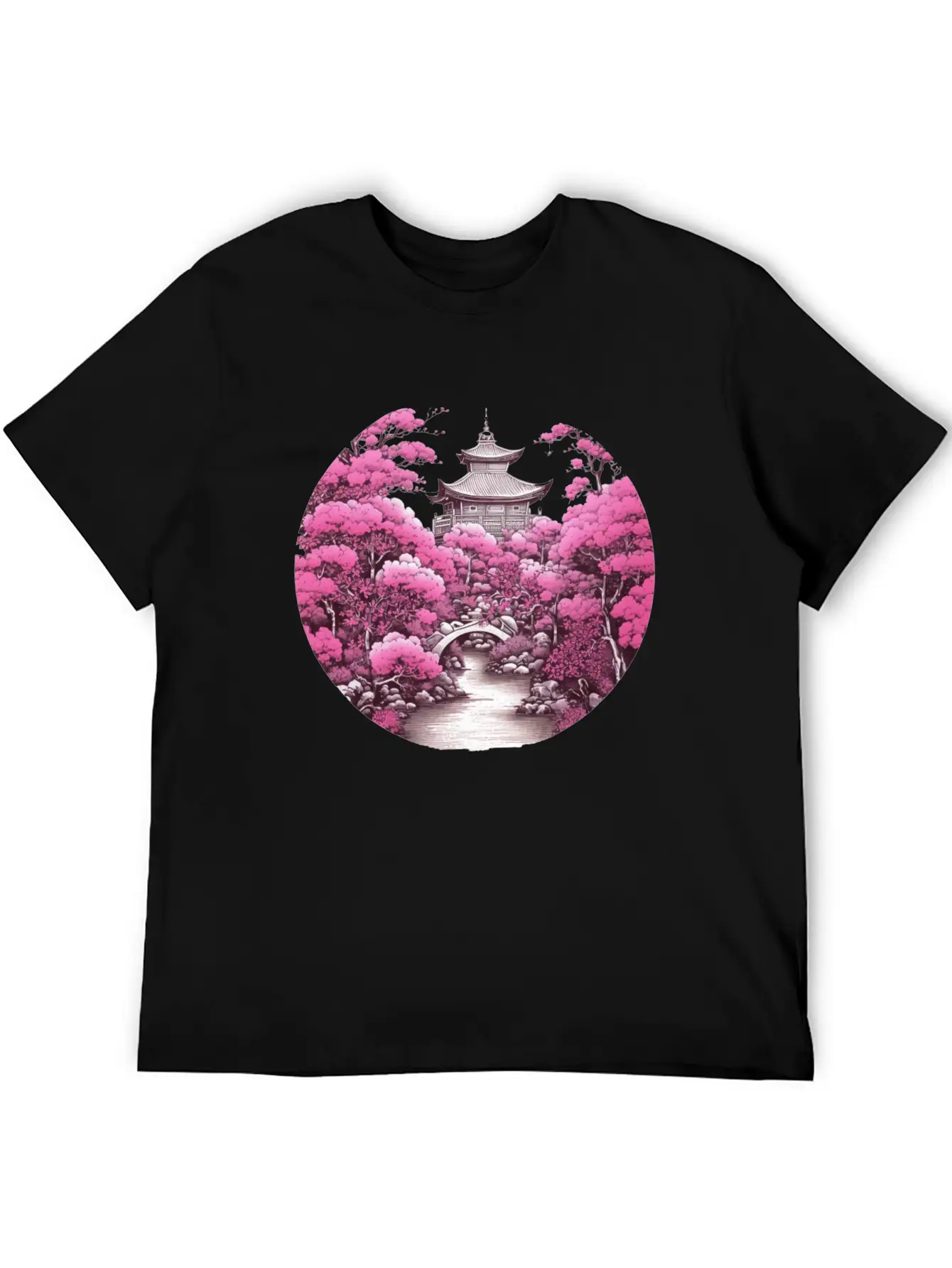 Asian Cultured Building With Blossom Tree Unisex Casual T-Shirt – Clean Design For Daily Comfort