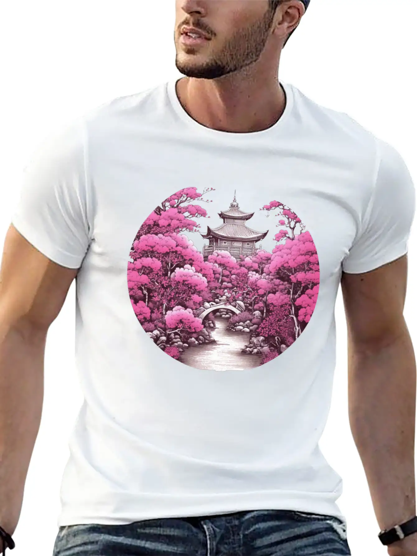 Asian Cultured Building With Blossom Tree Unisex Casual T-Shirt – Clean Design For Daily Comfort