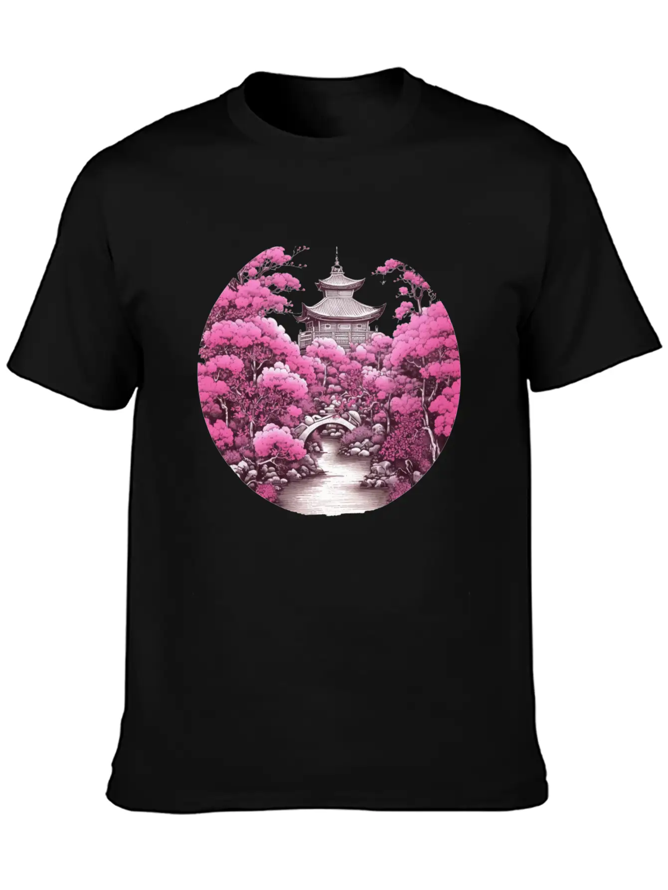 Asian Cultured Building With Blossom Tree Unisex Casual T-Shirt – Clean Design For Daily Comfort