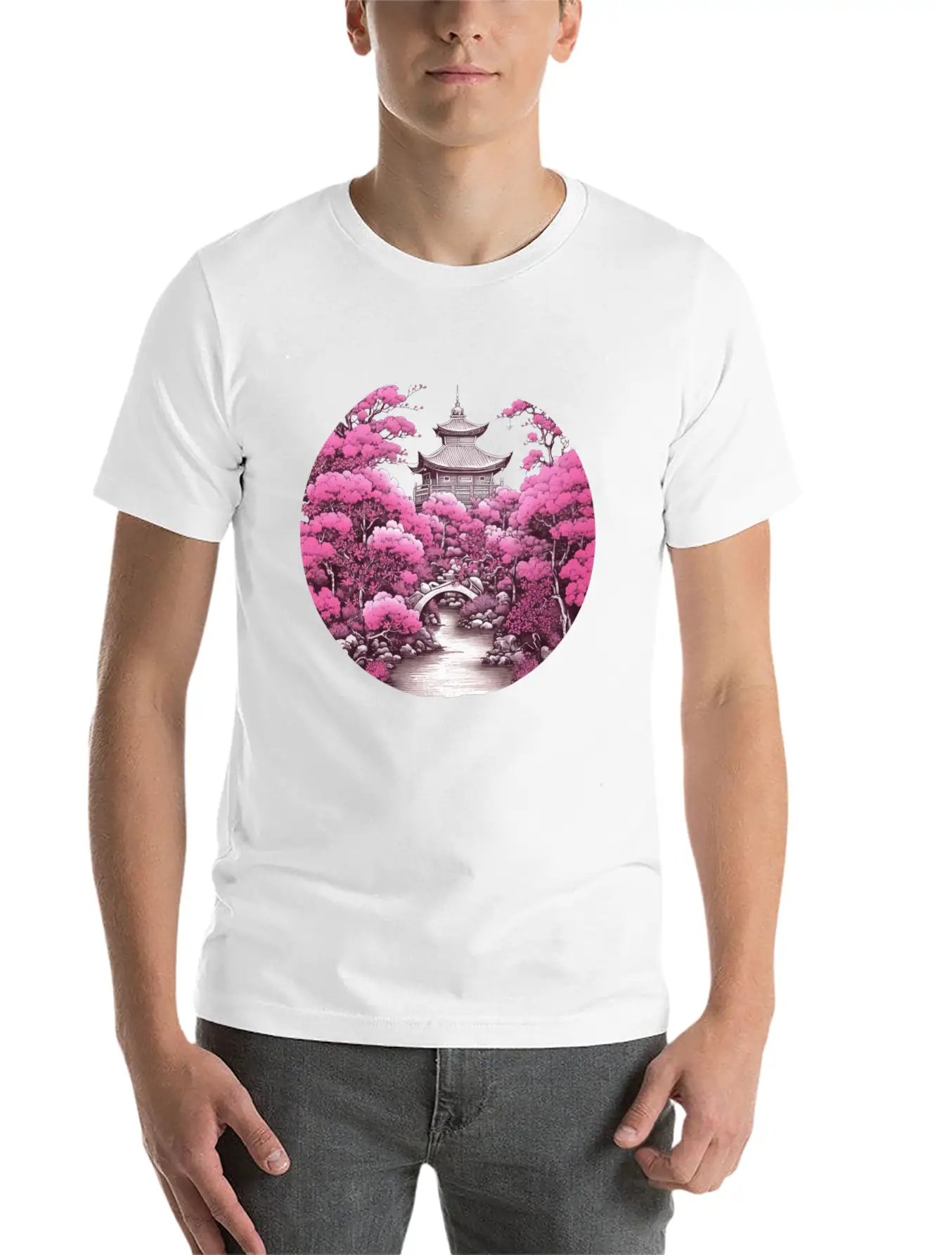 Asian Cultured Building With Blossom Tree Unisex Casual T-Shirt – Clean Design For Daily Comfort